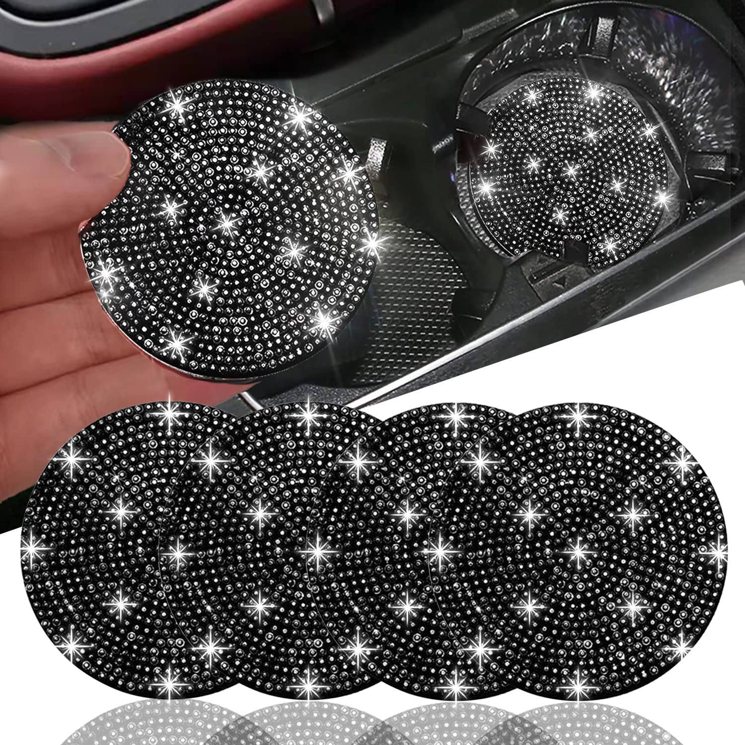 NBTEPEM 4pcs Bling Car Cup Holder Coaster, 2.75 inch Anti-Slip Shockproof Universal Fashion Car Coasters Insert Bling Crystal Rhinestone Automotive Interior Accessories for Women (4 pcs, Black)