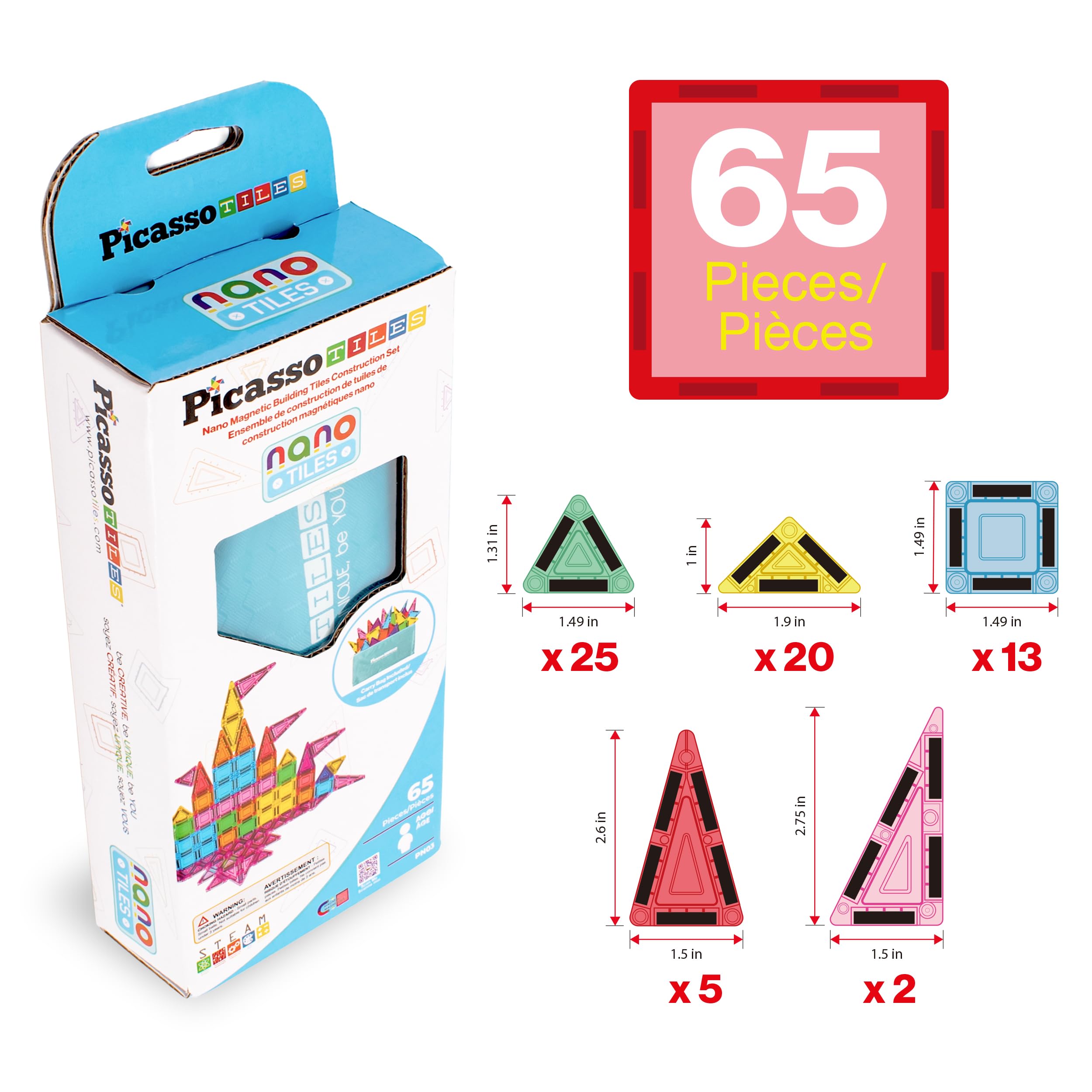 PicassoTiles Juego de 65 piezas de bloques de construcción de juguete portátil de tamaño de viaje nano magnético con bolsa de almacenamiento STEM Montessori para aula, azulejos magnéticos apilables