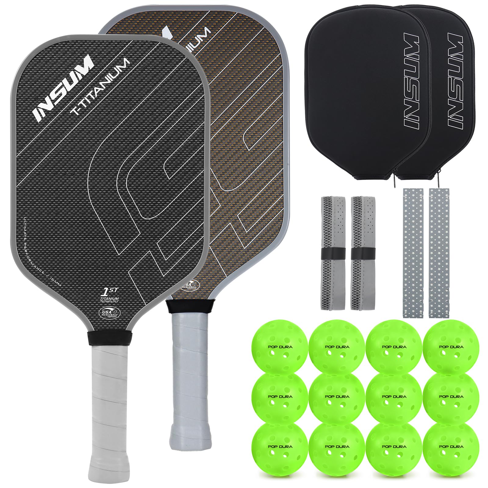 2Pcs T-Titanium Pickleball Paddles,USAPA Approved,16mm, 8 Oz | 2-Pack Replacement Grips Tapes | 2-Pack Edge Gurad Protection Tapes | 12-Pack Outdoor Pickleballs