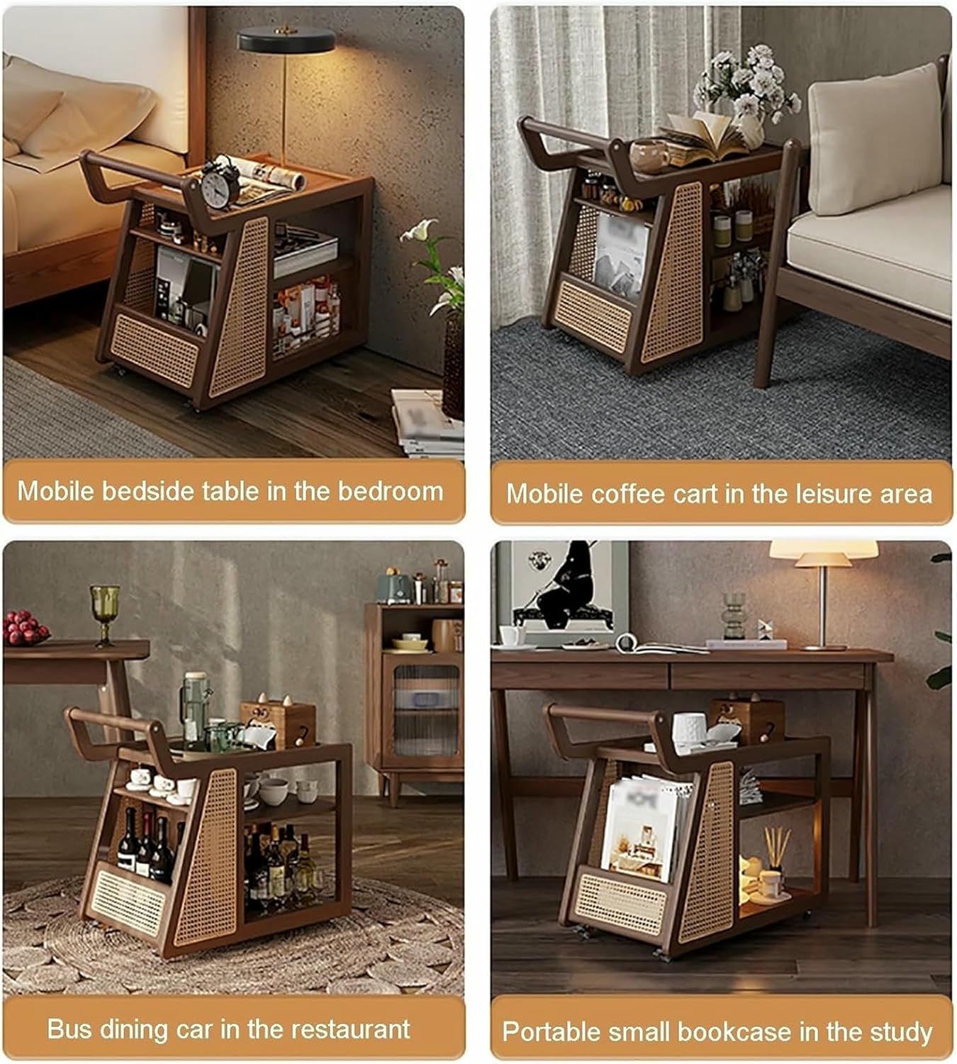 Solid Wood Rattan Kitchen Island Cart with 3-Tier Storage Narrow Rolling Utility Cart on Wheels Multi-Functional Side Table,Living Room