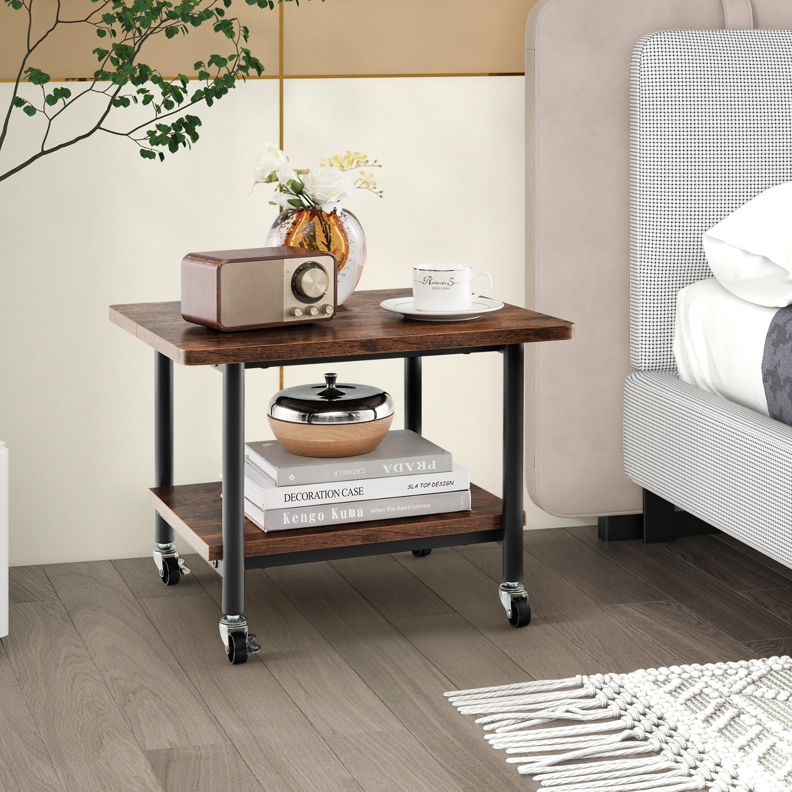 COSTWAY Supporto per Stampante, Carrello Stampante con Ruote Girevoli a 360⁰, Design Rimovibile, Superficie Ampia e Liscia, di Legno e Acciaio, 49 x 40 x 37 cm (Marrone)