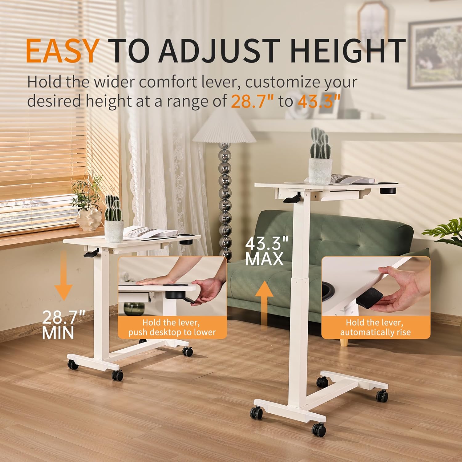 Height Adjustable Overbed Table with Drawer and Wheels, Rolling Standing Laptop Desk, Portable Bedside Tables with Slot, Cup Holder, Mobile Pneumatic Computer Cart, White