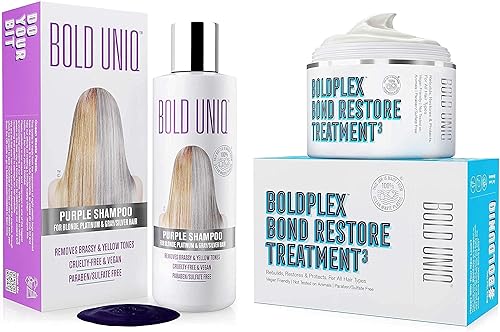Bold Uniq Purple Shampoo & Boldplex 3 Bond Repair - Paquete de tratamiento capilar revitaliza el cabello decolorado y dañado. Elimina los tonos