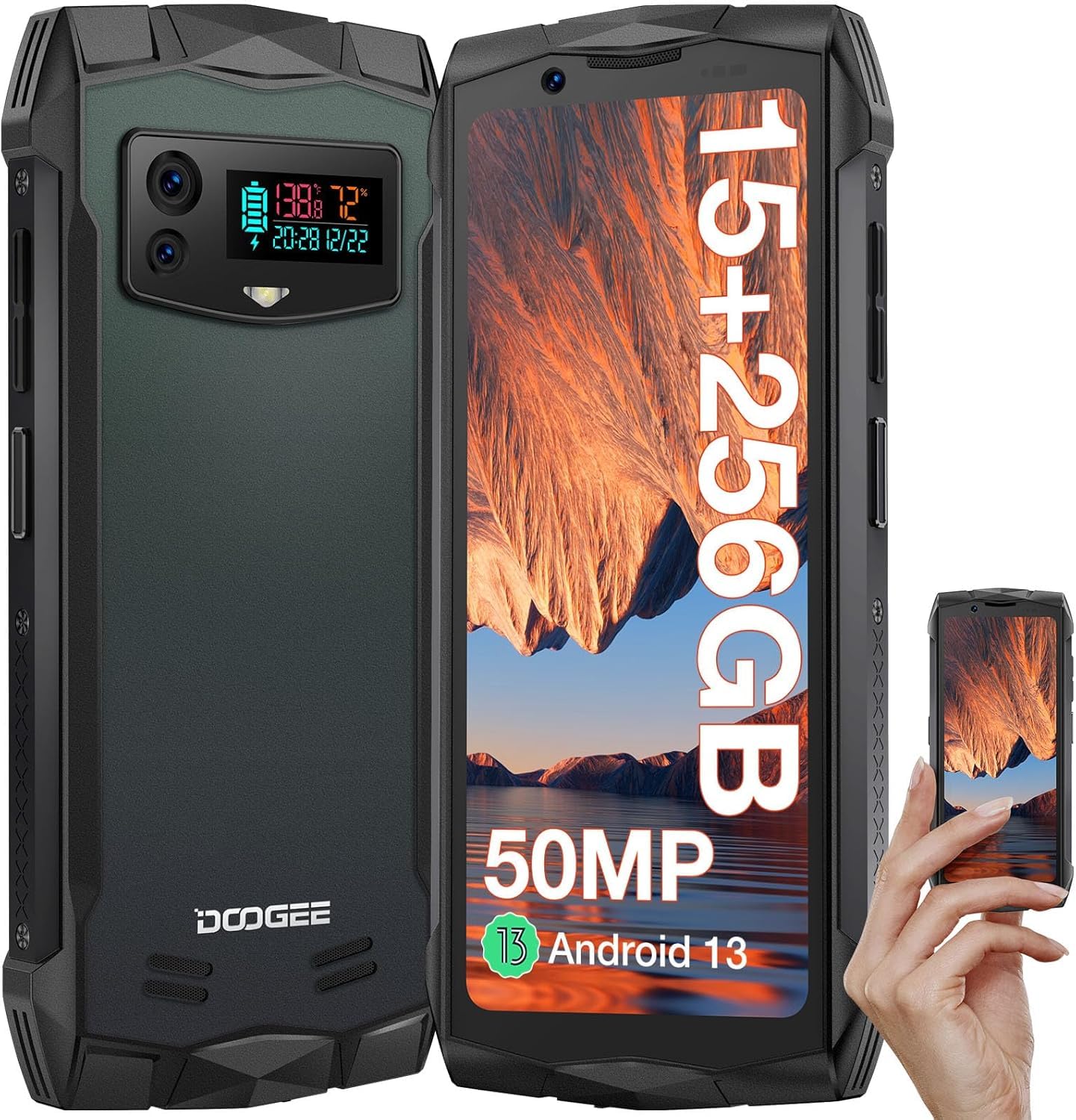 DOOGEE S mini Rugged Phone Android 13, Helio G99 15GB+256GB All Terrain Mobile Expandable 2TB, 4.5-inch QHD+ 50MP Dual AI Camera Compact Phone 3000mAh, NFC/4G Dual SIM/Face ID/Fingerprint (Black)