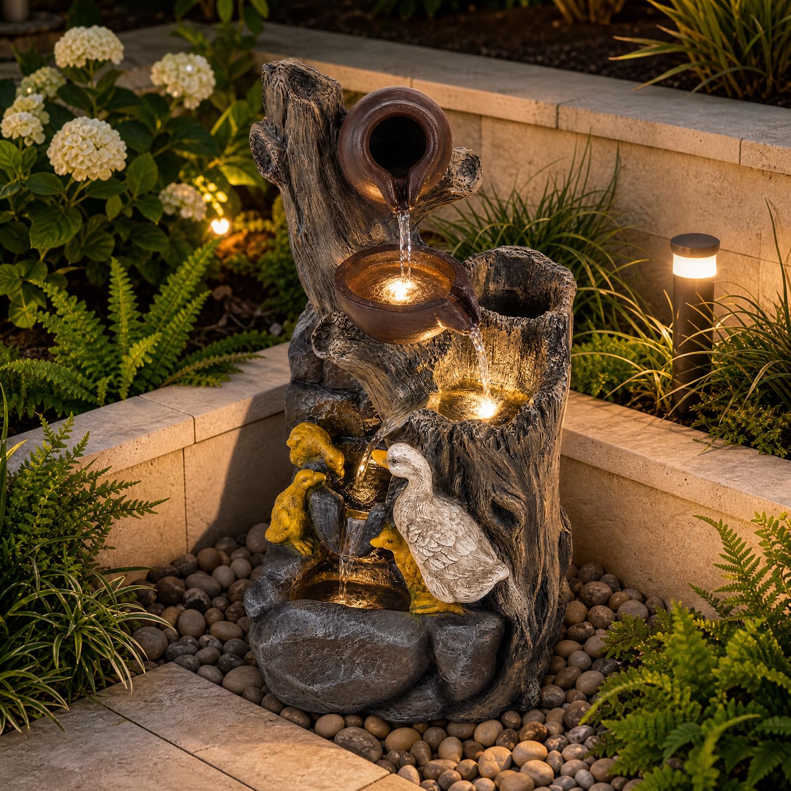 GYMAX Fuente de Jardín de 4 Niveles, Fuente Decorativa con Motivo de Patos | Fuente con Luz LED y Bomba,Cascada para Jardín, Terraza y Interior, 30 x 27 x 57 cm