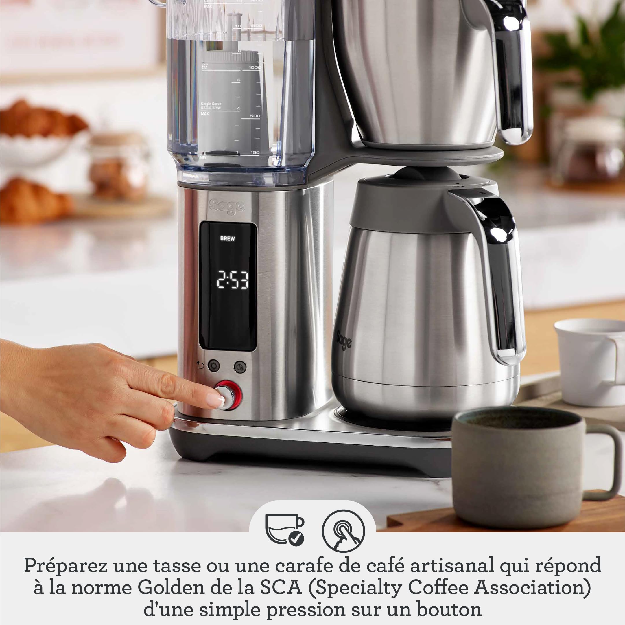 Sage The Luxe Brewer Thermal, Café Filtre Bouton Unique, Standard SCA Gold | Café Filtre une Touche Standard SCA Gold Cup, Cold Brew 30 min, Carafe Isotherme 1,77L; Profils et Départ Différé 24h