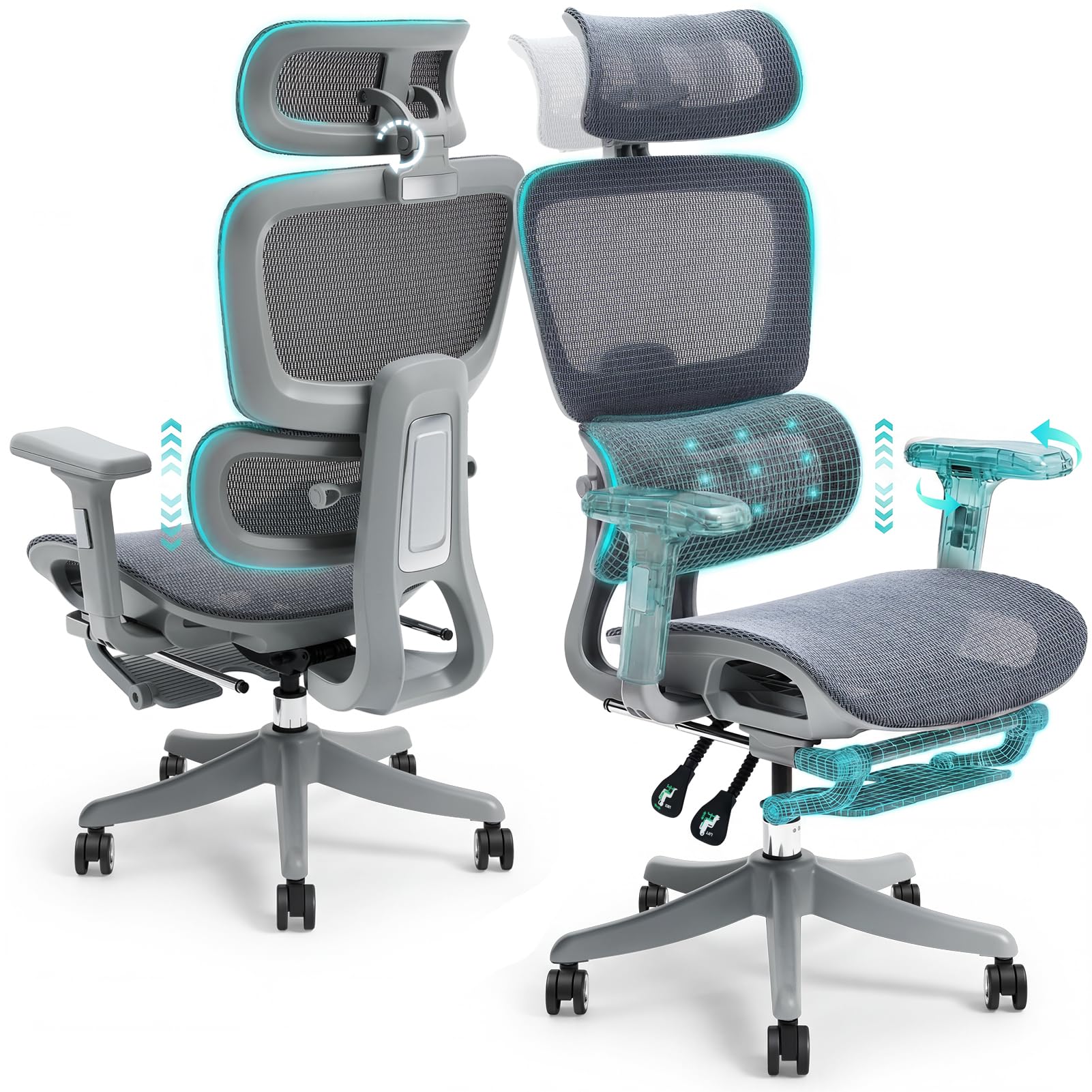 Warmiehomy Mesh Office Chair Ergonomic, Computer Chairs for Home 90-135° Recline, Back Support for Office Chair with 4D Armrests & 3D Headrest, Desk Chairs for Home Office 67 * 52 * 118CM Gry
