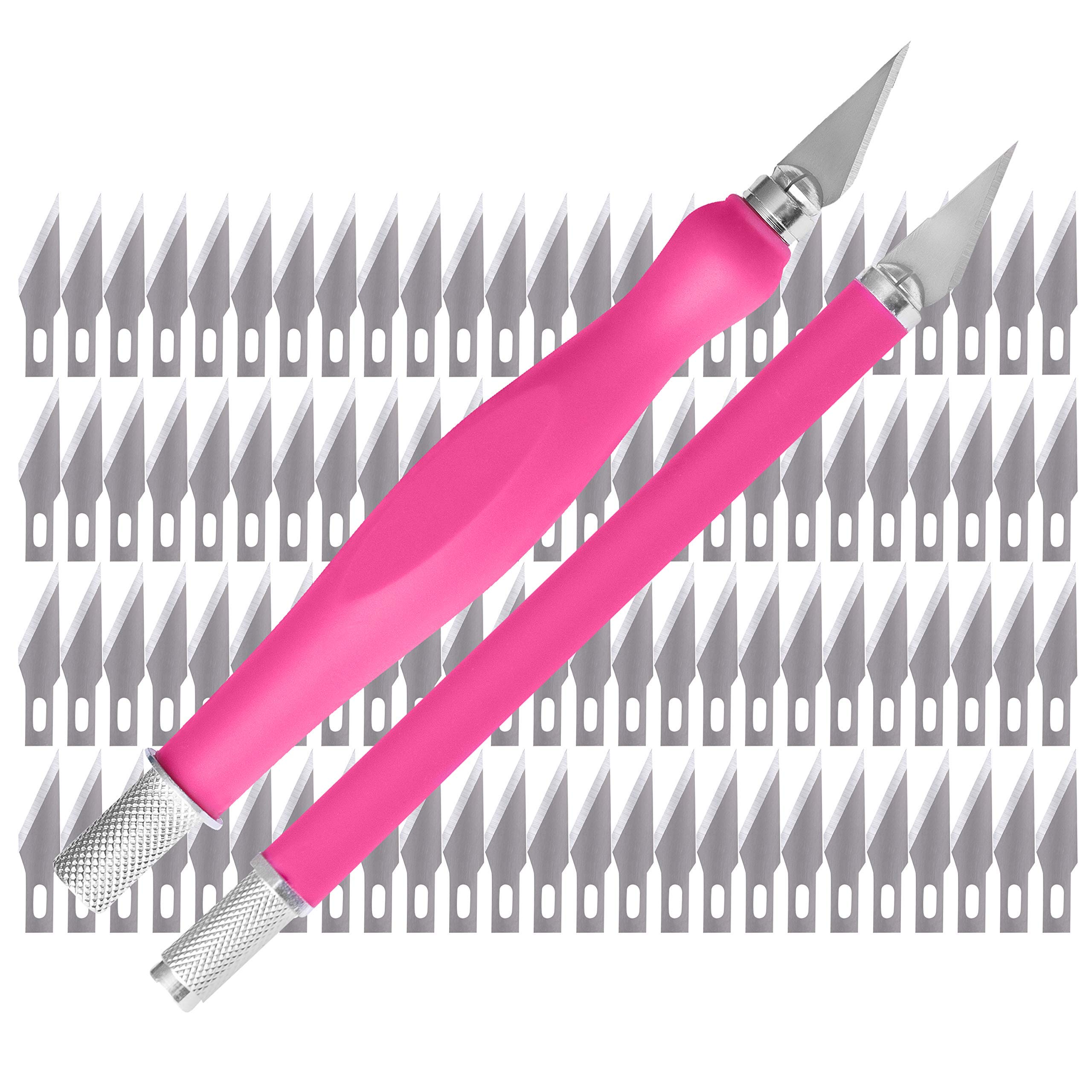 WA Craft Knife Set - 2 Pink Comfort Grip Hobby Knives and Hobby Blades - Knife Kit with 100 Premium SX5 Carbon Steel #11 Replacement Blades - X-acto Knife Compatible Hobby Tool Set