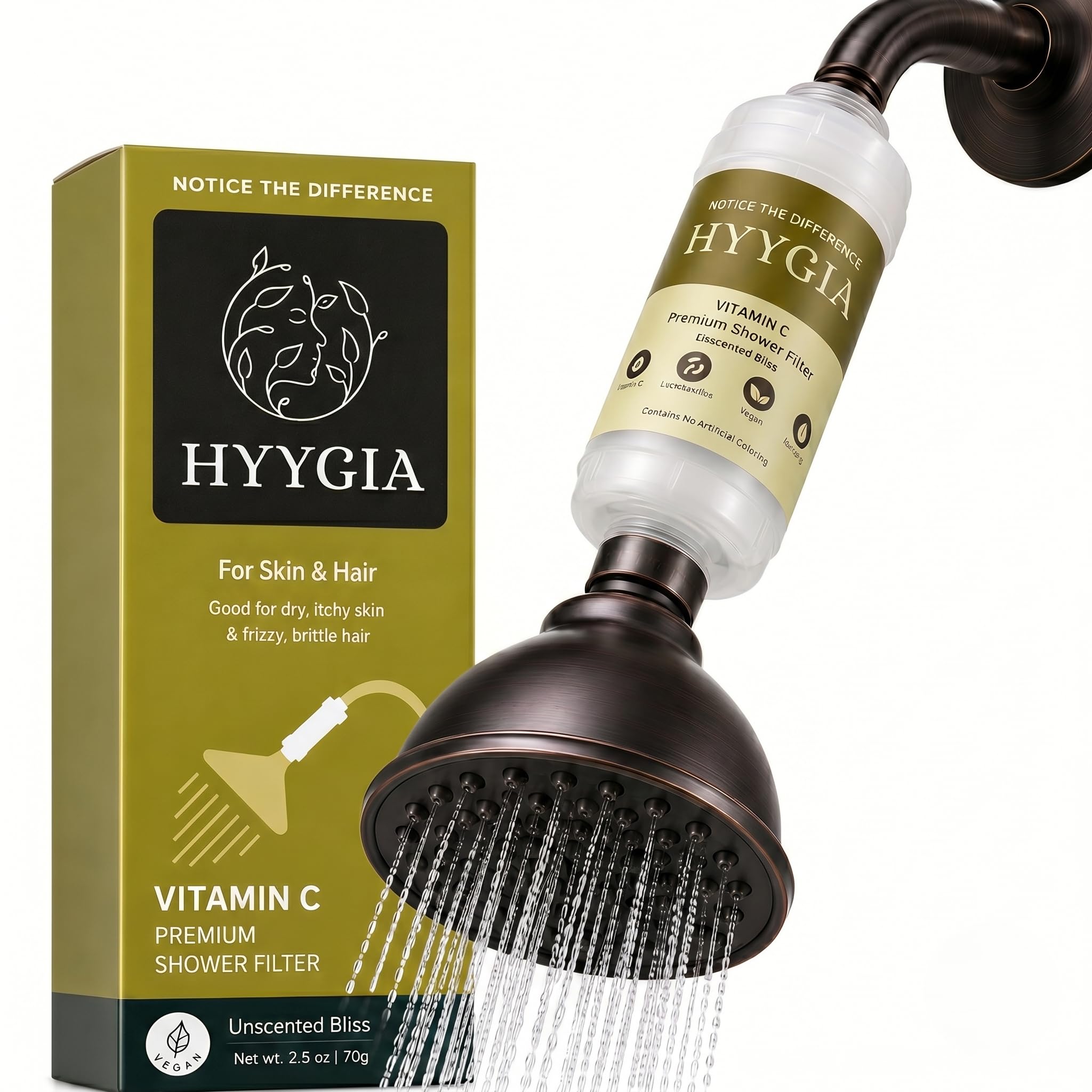 HYYGIA Premium Vitamin C Shower Filter for Hair and Skin - High Output Chlorine Remover & Water Filtration - Reduces Dry Itchy Skin & Frizzy Brittle Hair