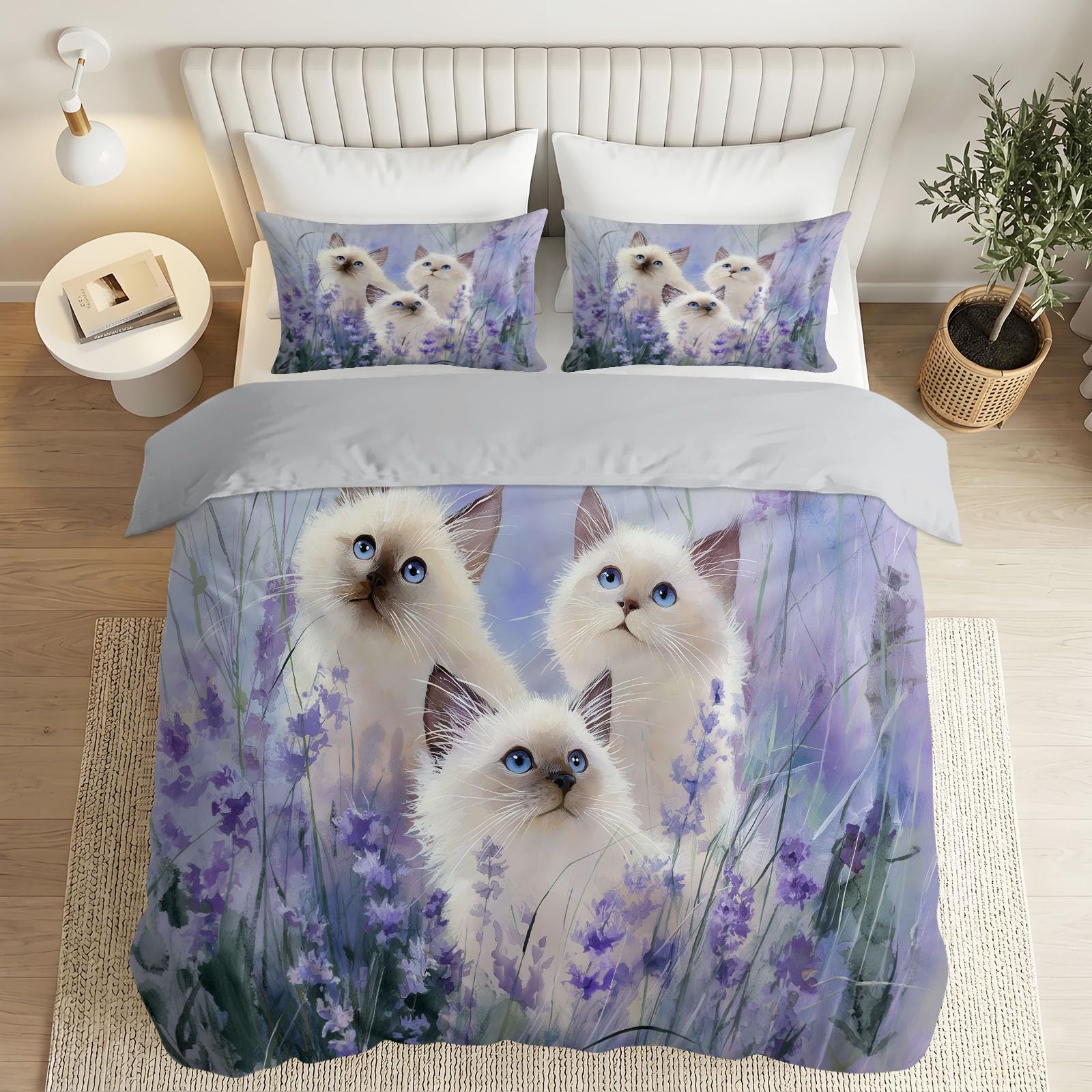 Dreamy - Juego de funda de edredón y funda de almohada tamaño Super King, diseño de gato pastoral lavanda, ropa de cama de microfibra suave, 260 x 220 cm, reversible, hipoalergénica, para niños y