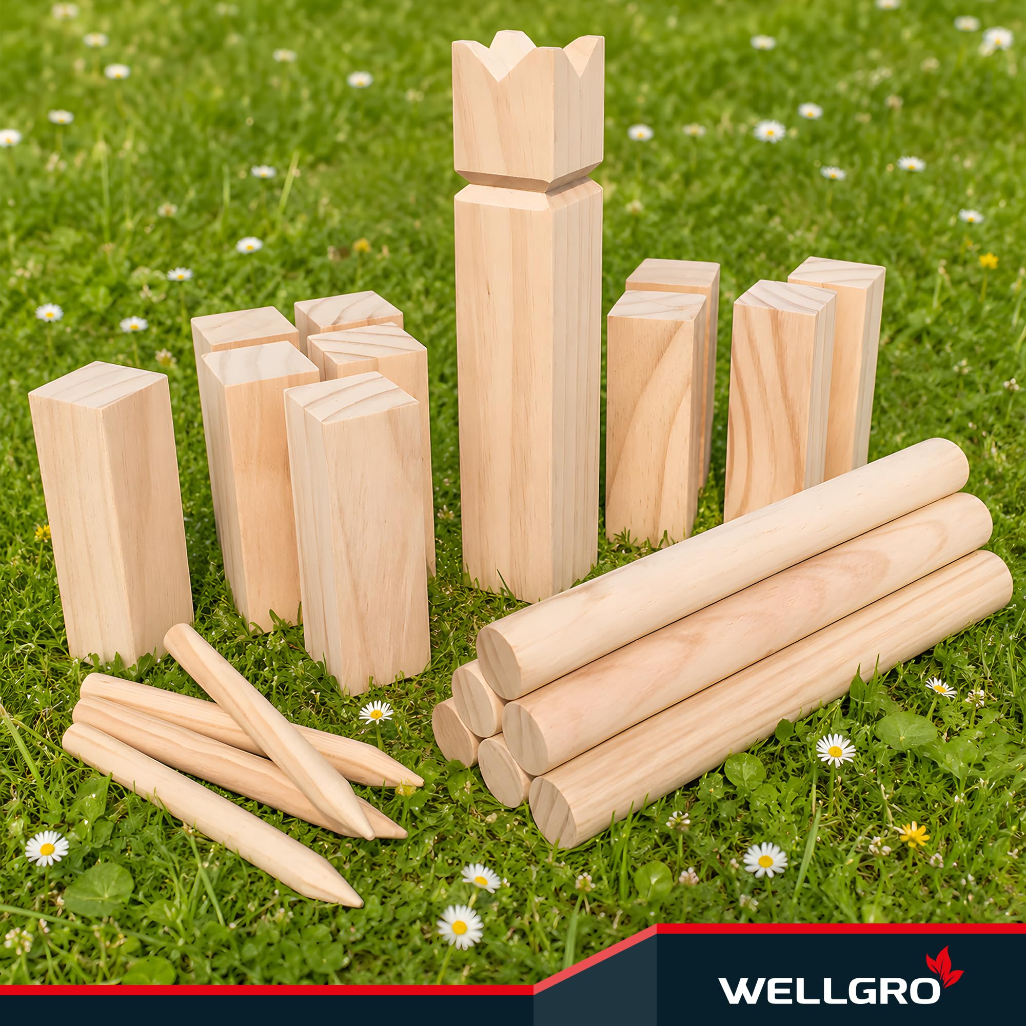 WELLGRO Kubb Spiel aus Holz für 2-12 Spieler – Schwedenschach mit Naturholz König, Netzbeutel & Anleitung, Wikinger Schach Outdoor
