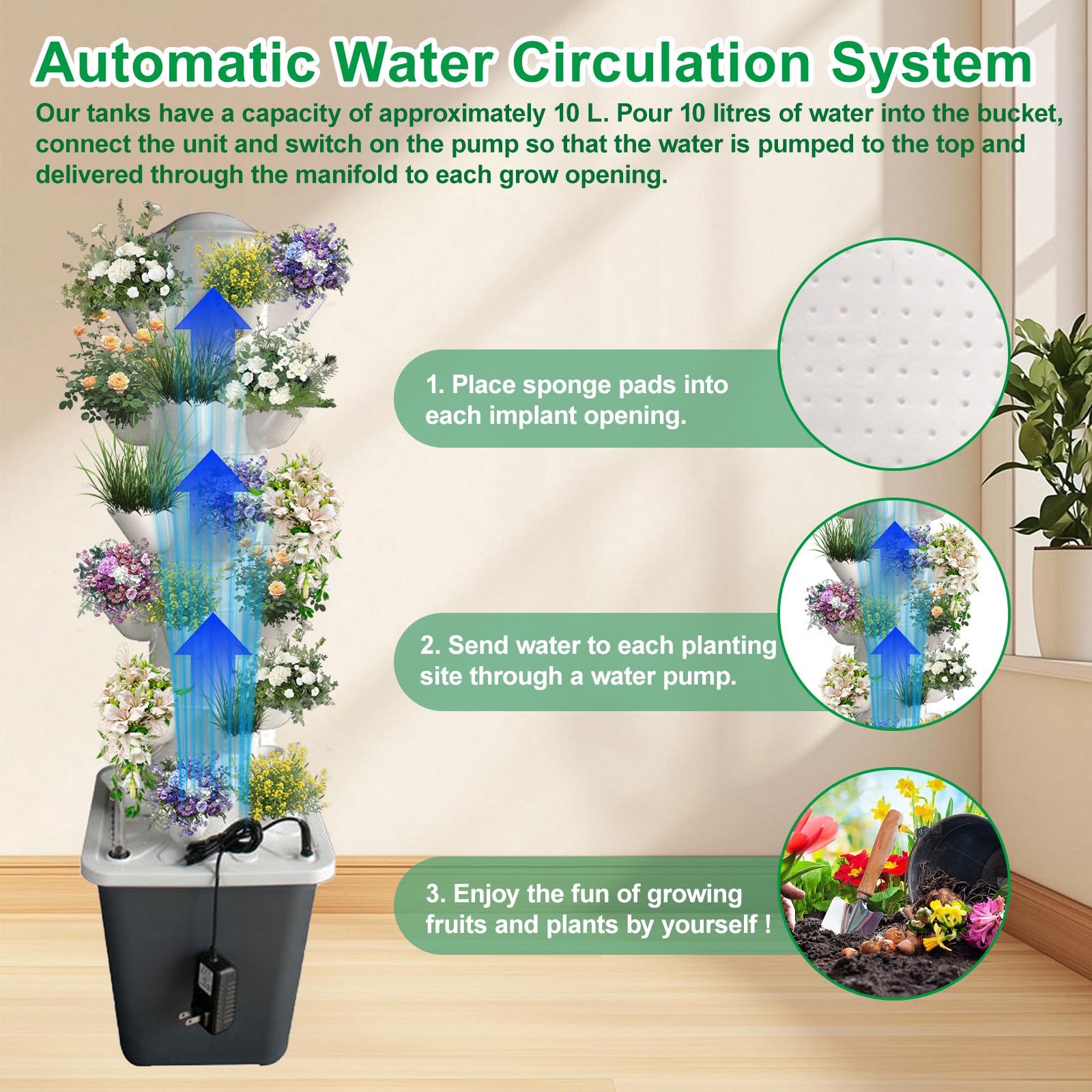 Système de culture hydroponique, tour hydroponique, 30 pods, Aeroponic Tower Garden pour herbes, fruits et légumes en intérieur, kit de culture de légumes avec réservoir d'eau de 10 litres et pompe
