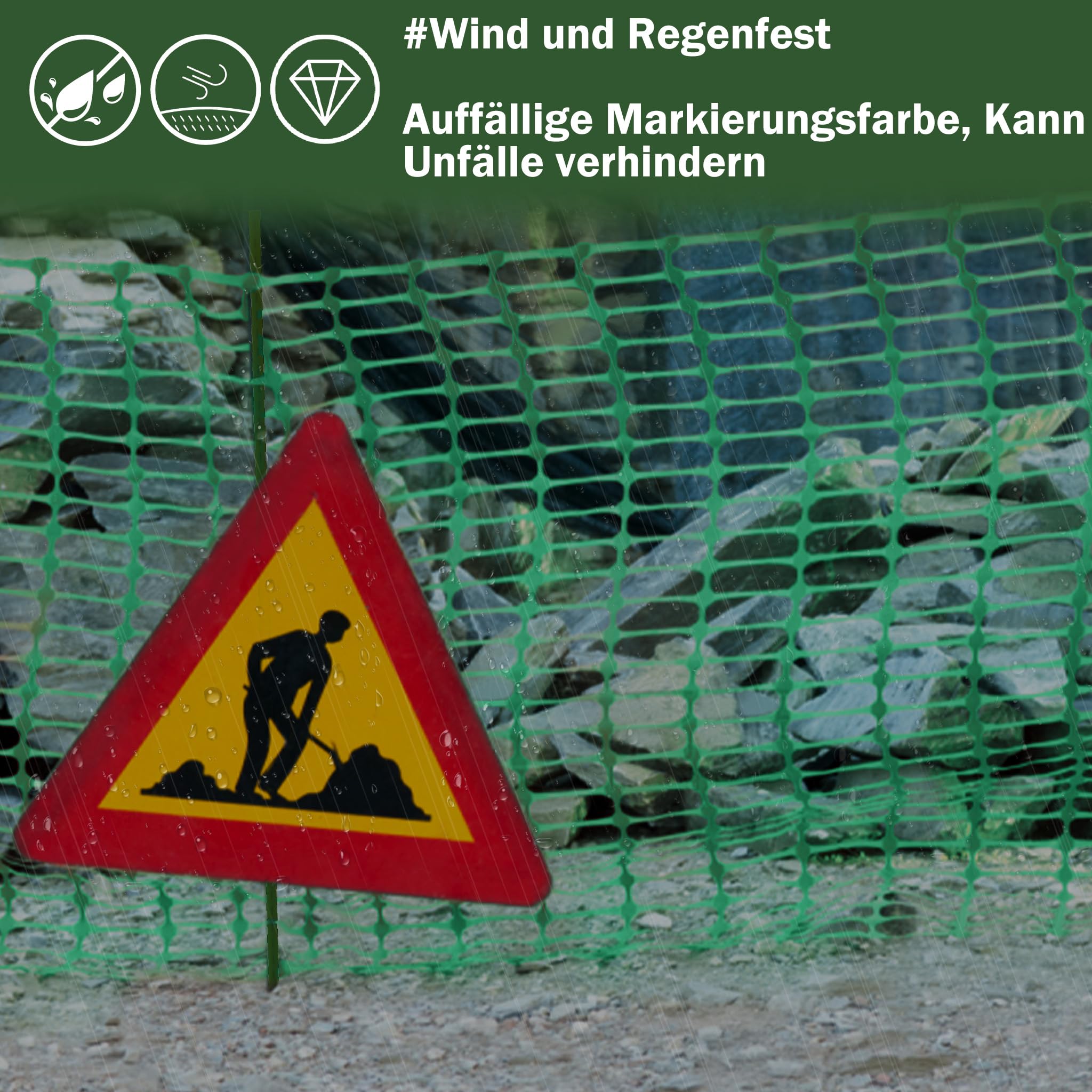 XMTECH Filet d'avertissement de sécurité 50 m - 1 m de haut avec 50 piquets, vert, clôture de chantier, filet de protection pour zones de sécurité et de danger (1 rouleau)