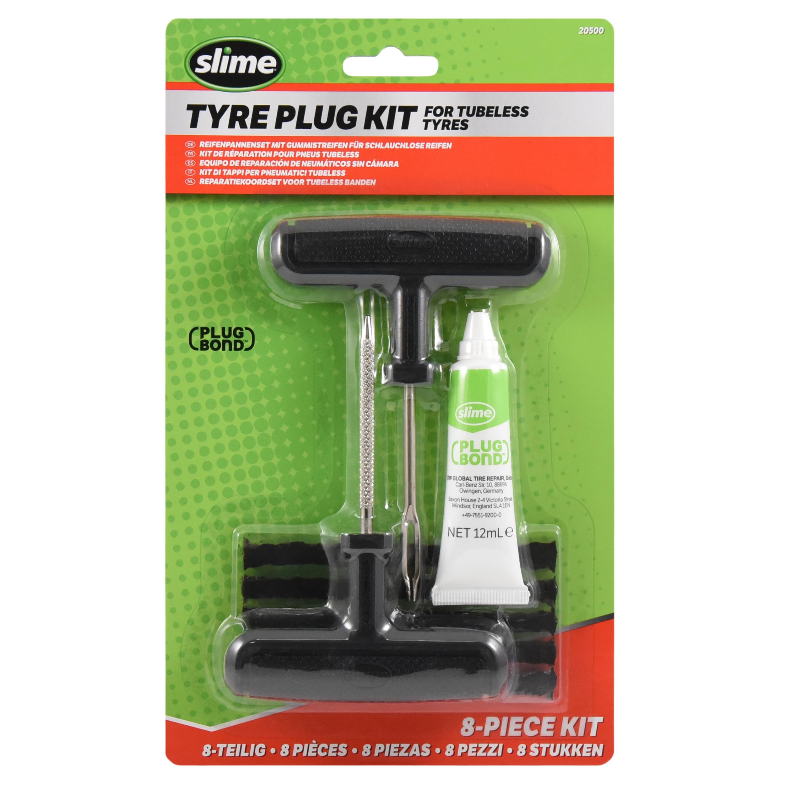 Slime 20500 Kit riparazione pneumatici 8 pezzi con alesatori impugnatura T cordini medio-pesanti collante