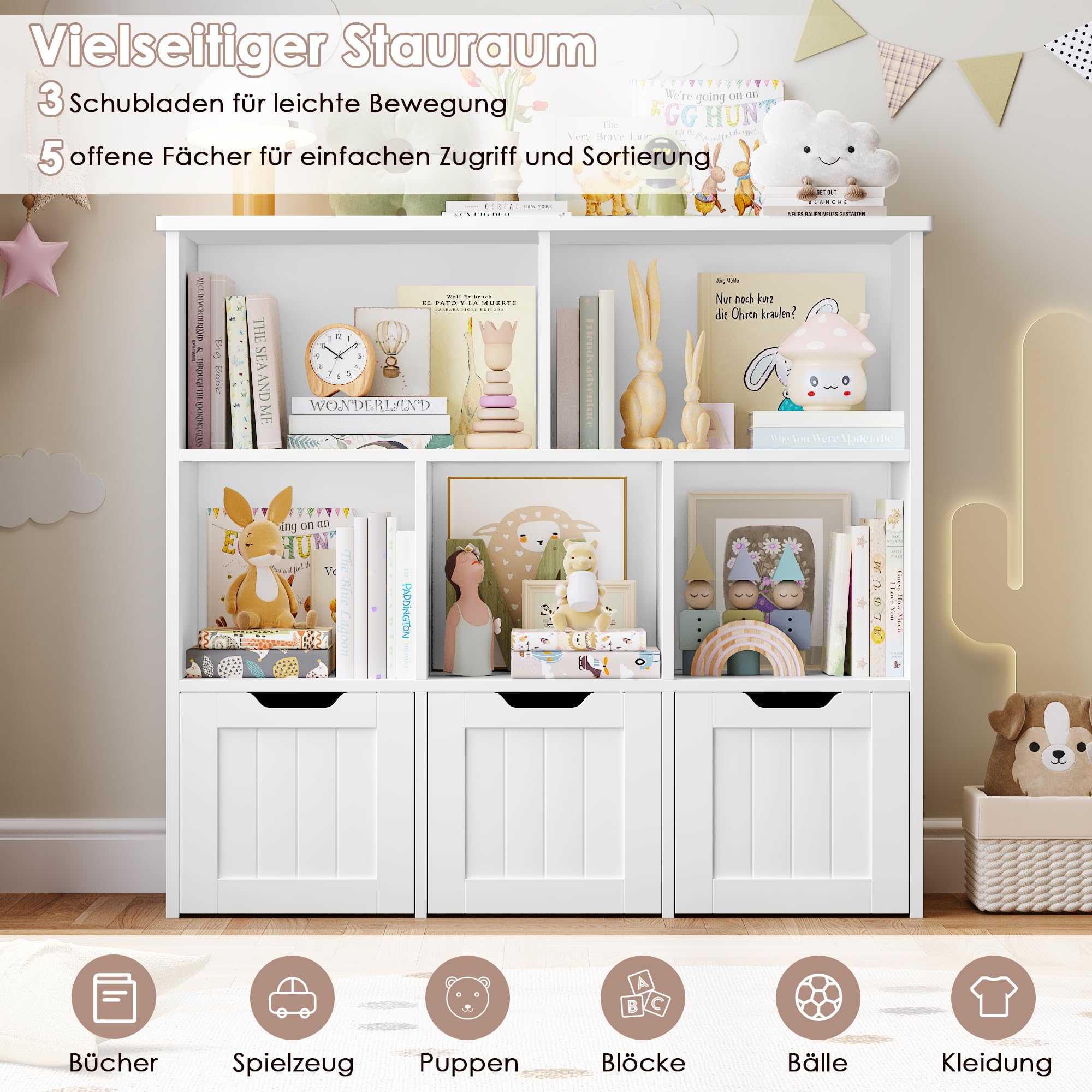 FOREHILL Kinderregal mit Boxen auf Rollen, Kinderzimmer Möbel, Spielzeugregl, Aufbewahrungregal,Bücherregal für Kinder, Kinderschrank, Regal mit 3 Boxen 100x33x89.5cm weiß