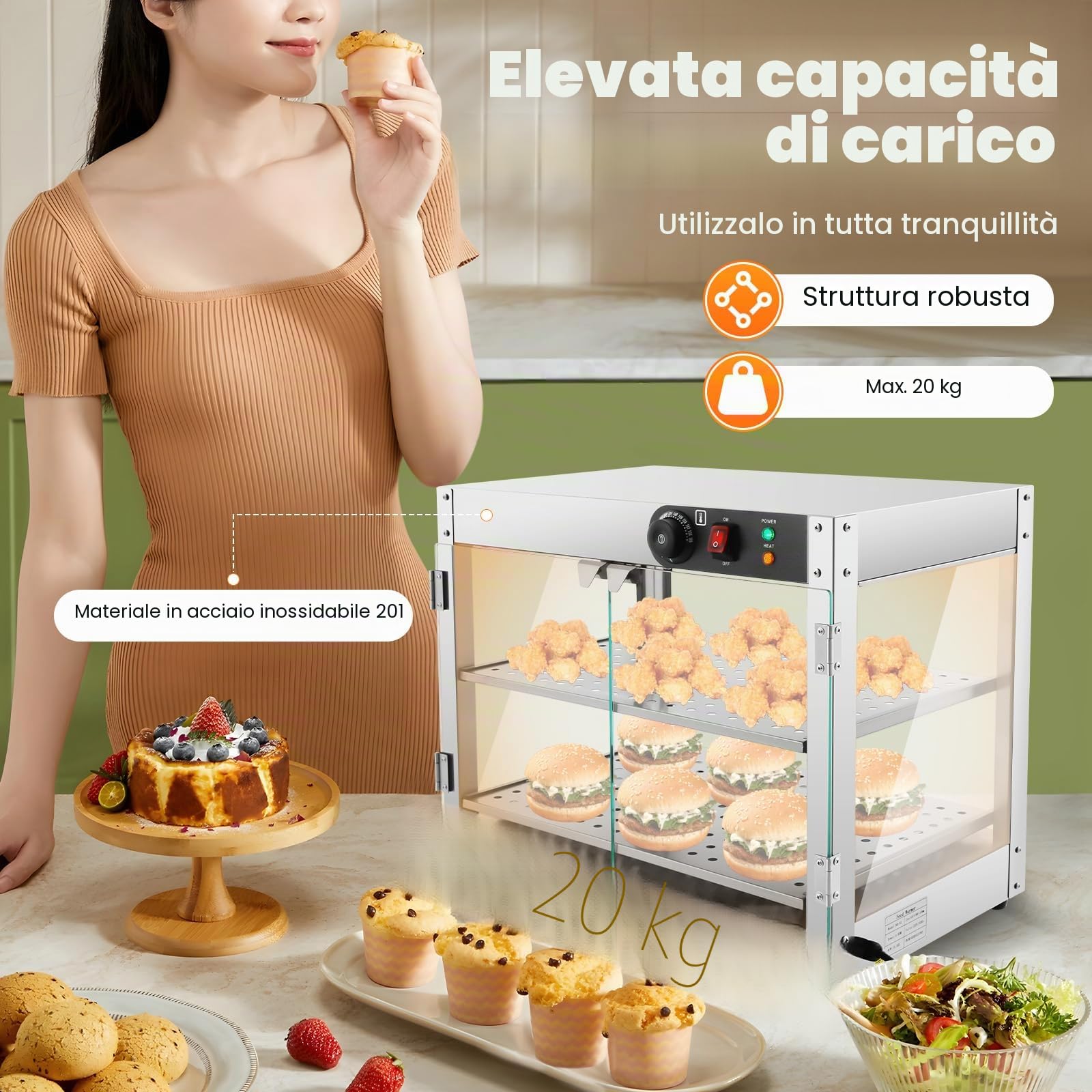 Vetrina per alimenti commerciali, con 2 cornici in acciaio inox, termostato regolabile per mense, panetterie, 800 W