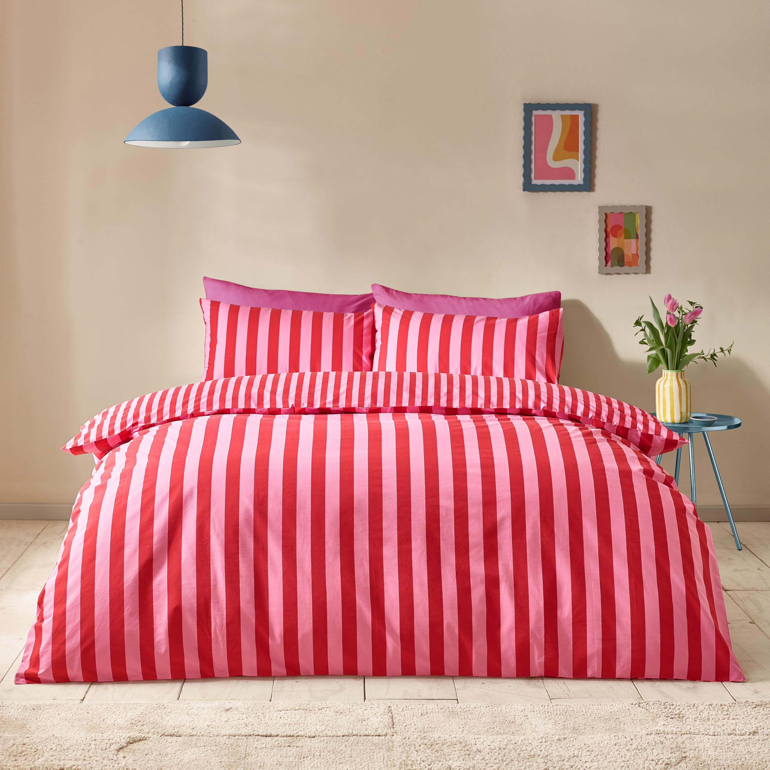 Sassy B Stripe Tease Reversible Double Duvet Cover Set with Pillowcases Red