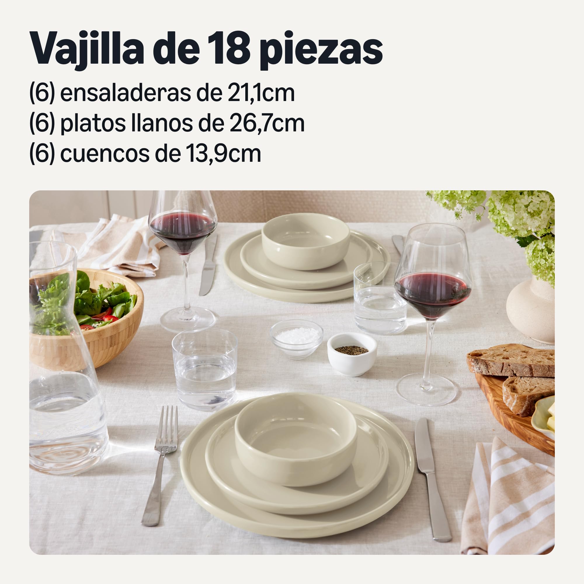 Amazon Basics Vajilla de Gres Esmaltado, Juego de 18 Piezas, 6 Servicios Completos, Apta para Lavavajillas, Marfil