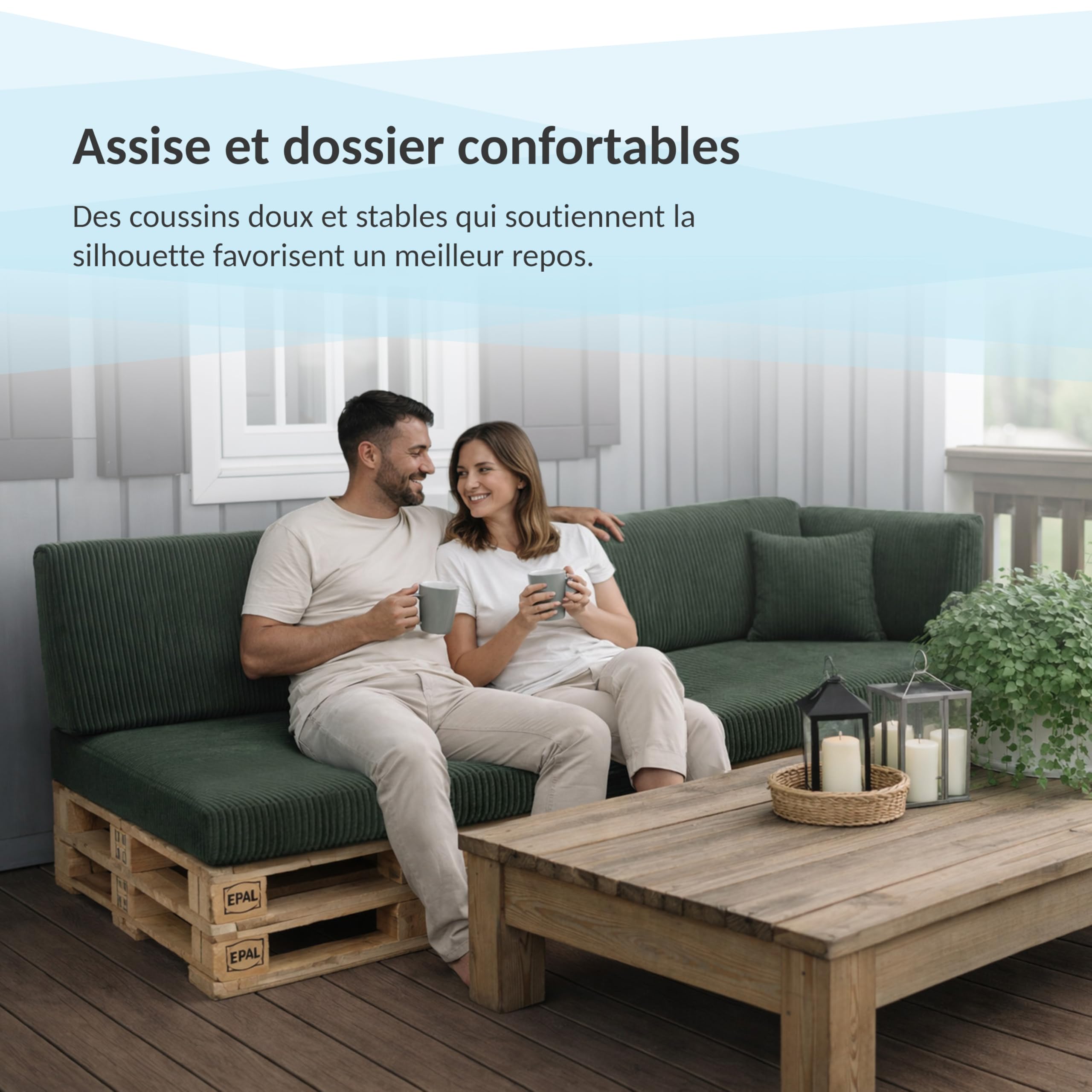 POKAR Set de 2 Coussins pour Palette 1x Assise 120x80 + 1x Dossier 120x40 | Coussins pour Canapé de Jardin en Velours Côtelé | Housses Amovibles | Made in EU | Certifié Oeko-Tex | Ivoire