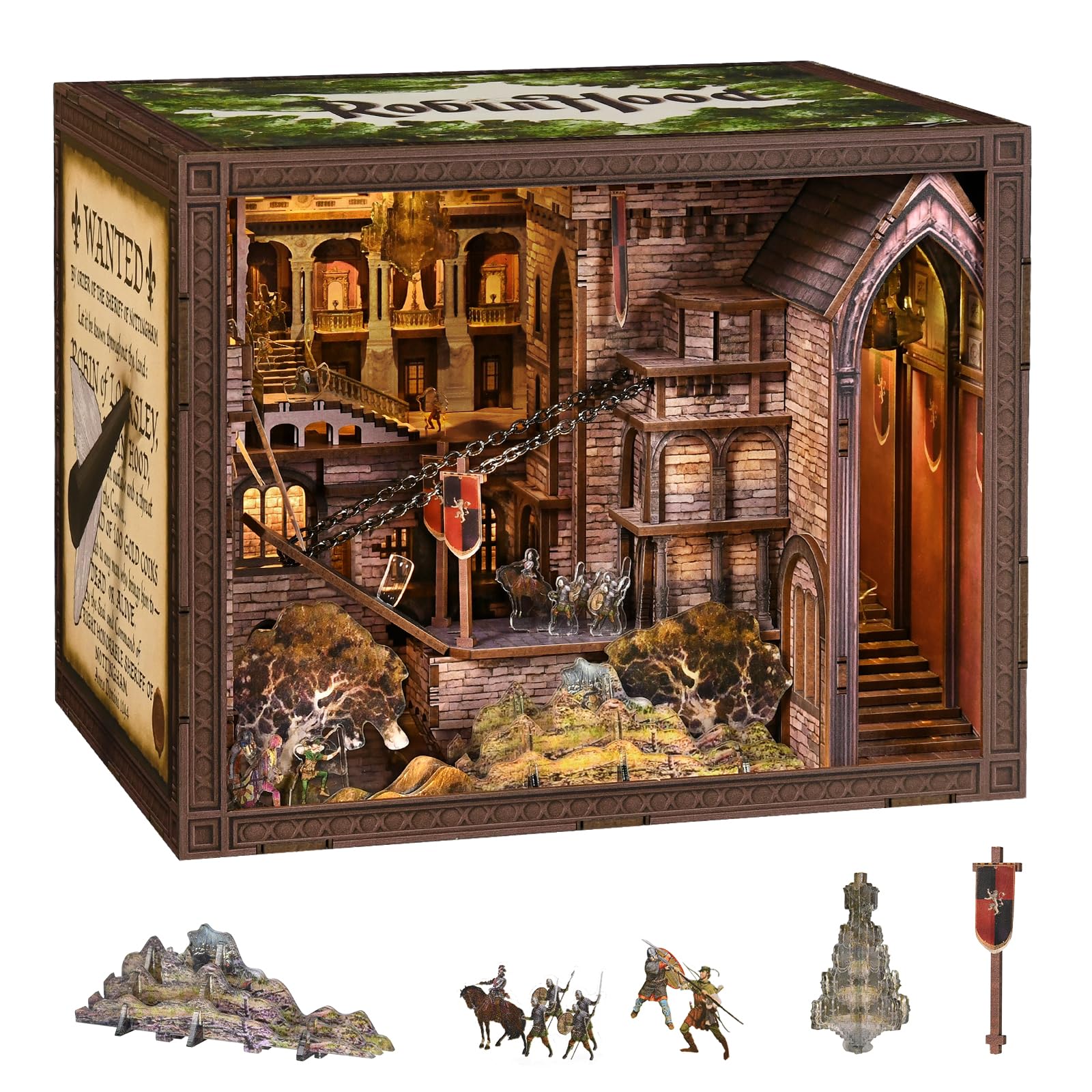 MiniCity DIY 3D Wooden Puzzle Book Nook Bookshelf Insert Decor with LED Light and Dust Cover for Teens and Adults(Robin Hood) — image 1