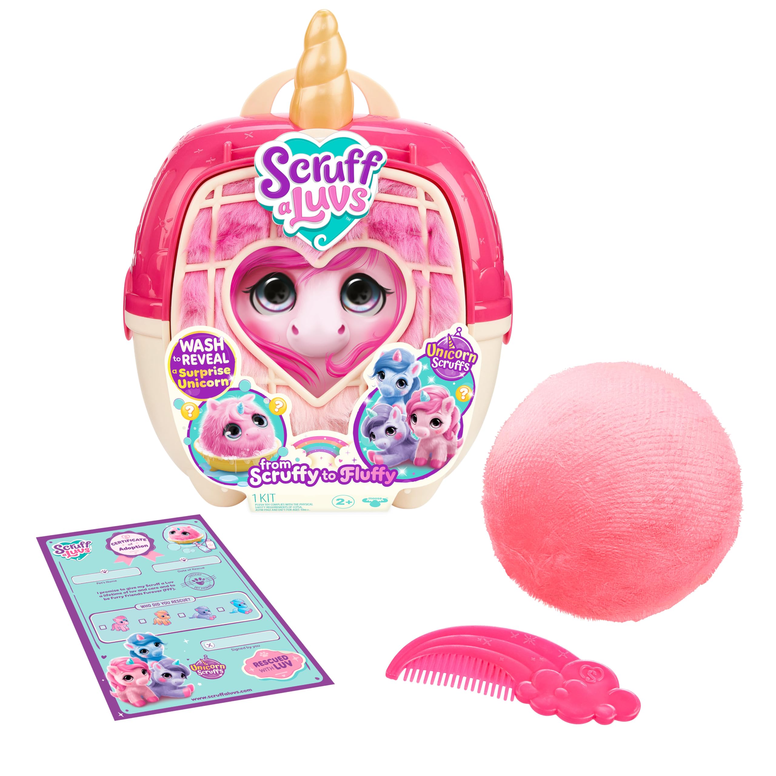 ScruffaLuvs Unicorn Scruffs - Pink - Plush Toy, 19cm Tall - Wash to Reveal 1 of 4 Unicorns with a special horn- Includes 28cm Deluxe Pet Carrier with Gold Horn, Nurturing, Care & Play, Gift for Kids — image 1