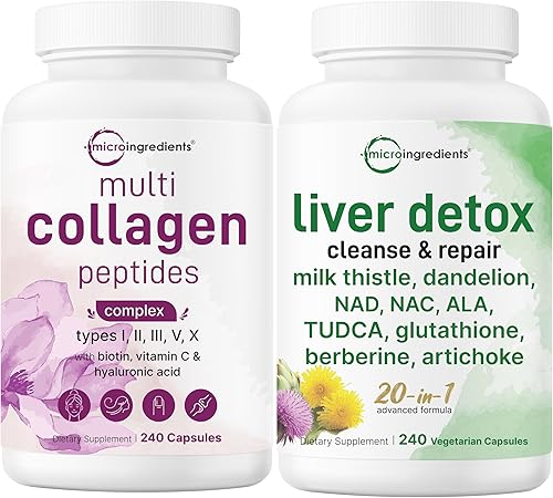 Micro Ingredients Paquete de 2 complejos de colágeno múltiple y desintoxicación hepática, 5 péptidos de colágeno con ácido hialurónico, vitamina C y