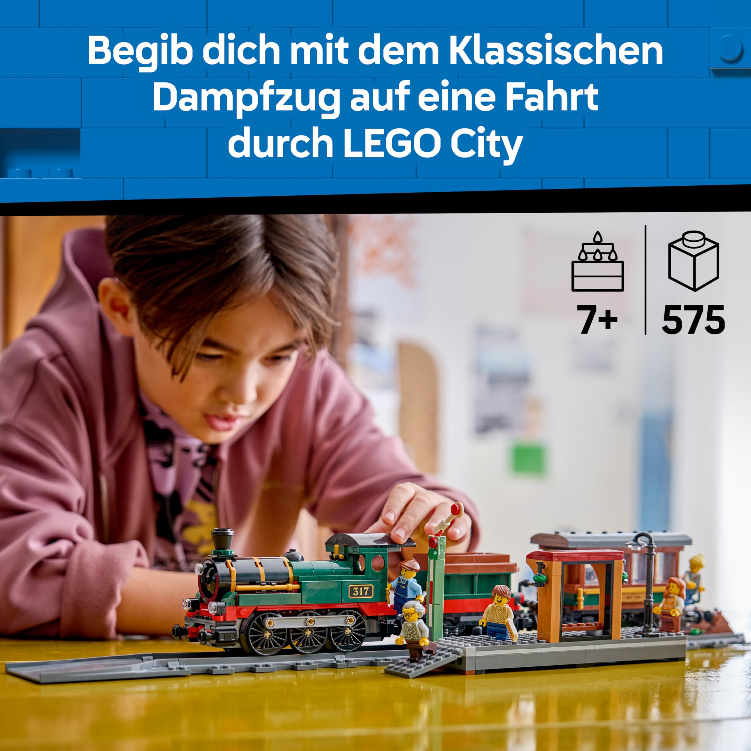 LEGO City Klassischer Dampfzug Spielzeug - STEM Modellbausatz - Set mit Bahnhof, Schienen, Führerstand Steuerung, Haltesignal und 5 Minifiguren - Geburtstagsgeschenk für Jungen ab 7 Jahren - 60511