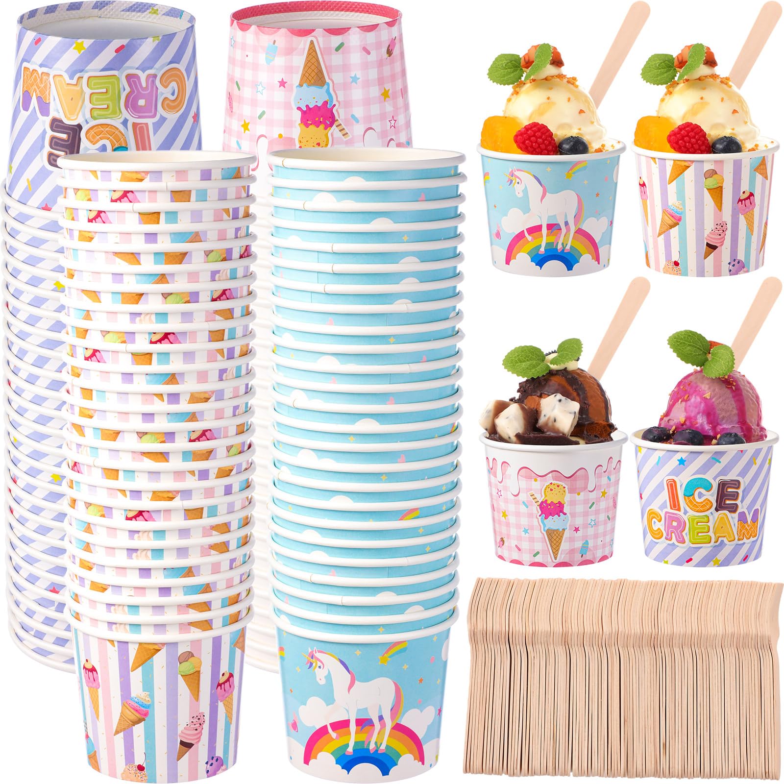 Ninehaoou 100 Set 6 oz Unicorn Paper Ice Cream Cups with Wooden Spoons Bulk Disposable Dessert Cups Colorful Sundae Bowls Containers for Summer