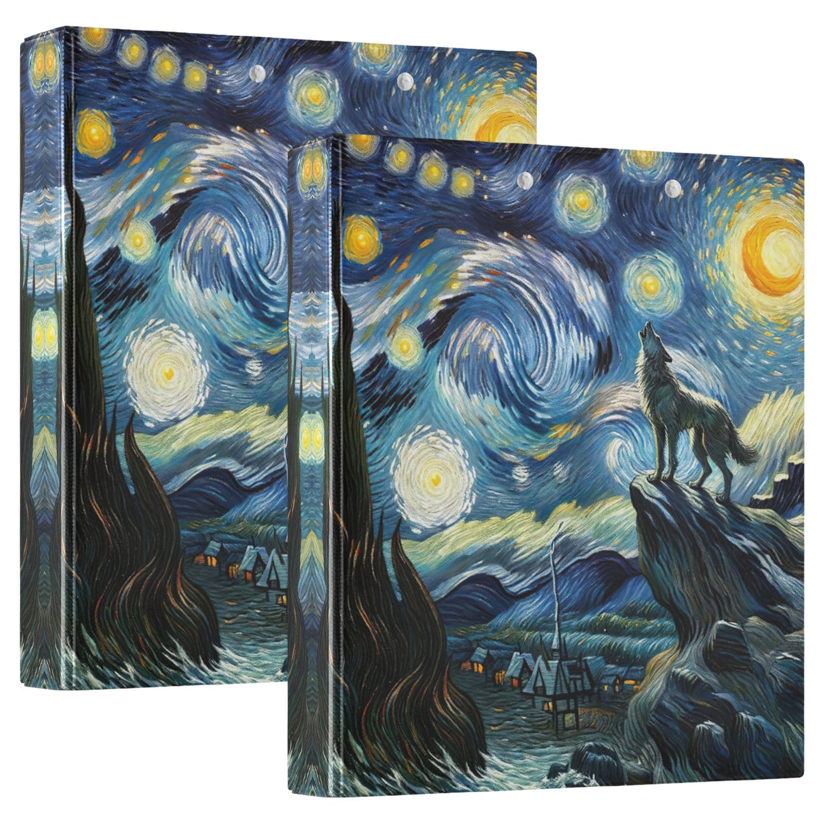 Starry Night Wolf 3-Ringbuch 3,8 cm, runder Ringordner mit 3 Innentaschen, D-Ringbuch für Arbeit, Schule, Büro, 2 Stück