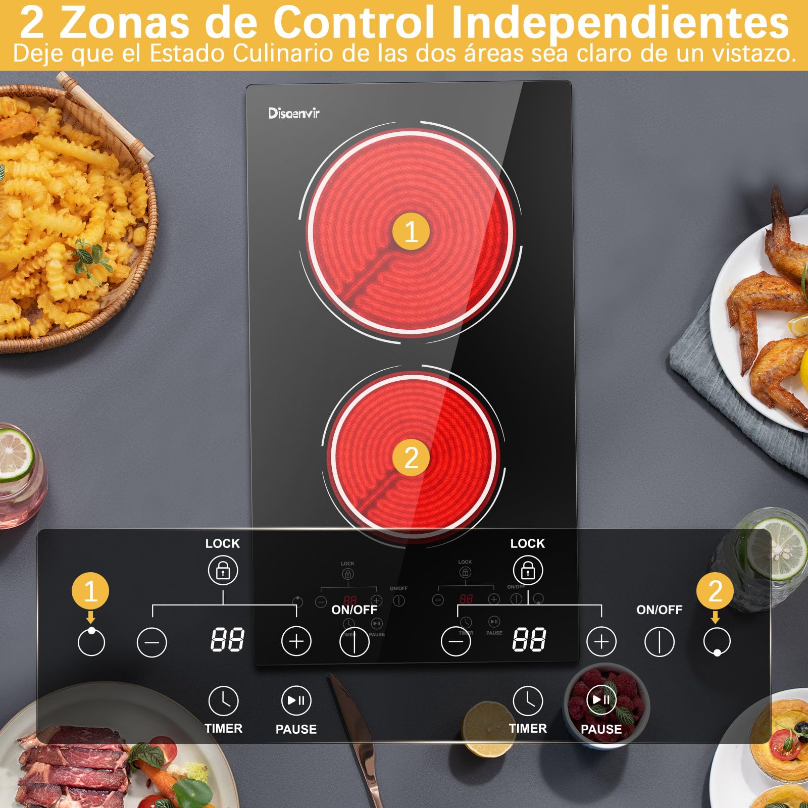 Placa Vitrocerámica 2 Fuegos 3000W, Vitroceramica Induccion Empotrable, Placa Electrica Cocina con Función de Pausa, Nivel de Potencia 9, Control de Tacto, Cronómetro | Función de pausa, temporizador, seguridad infantil, 9 niveles de potencia, 30 cm, 3000