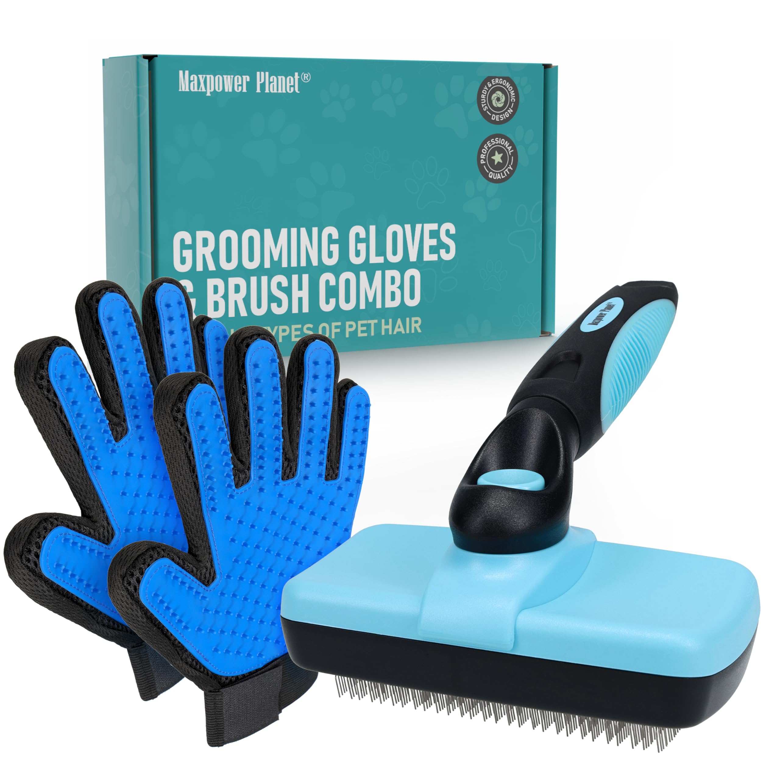 Maxpower Planet Pet Grooming Brush - Double Sided Shedding and Dematting Undercoat Rake Comb for Dogs and Cats,Extra Wide (C1 - Brush & Gloves, Large)