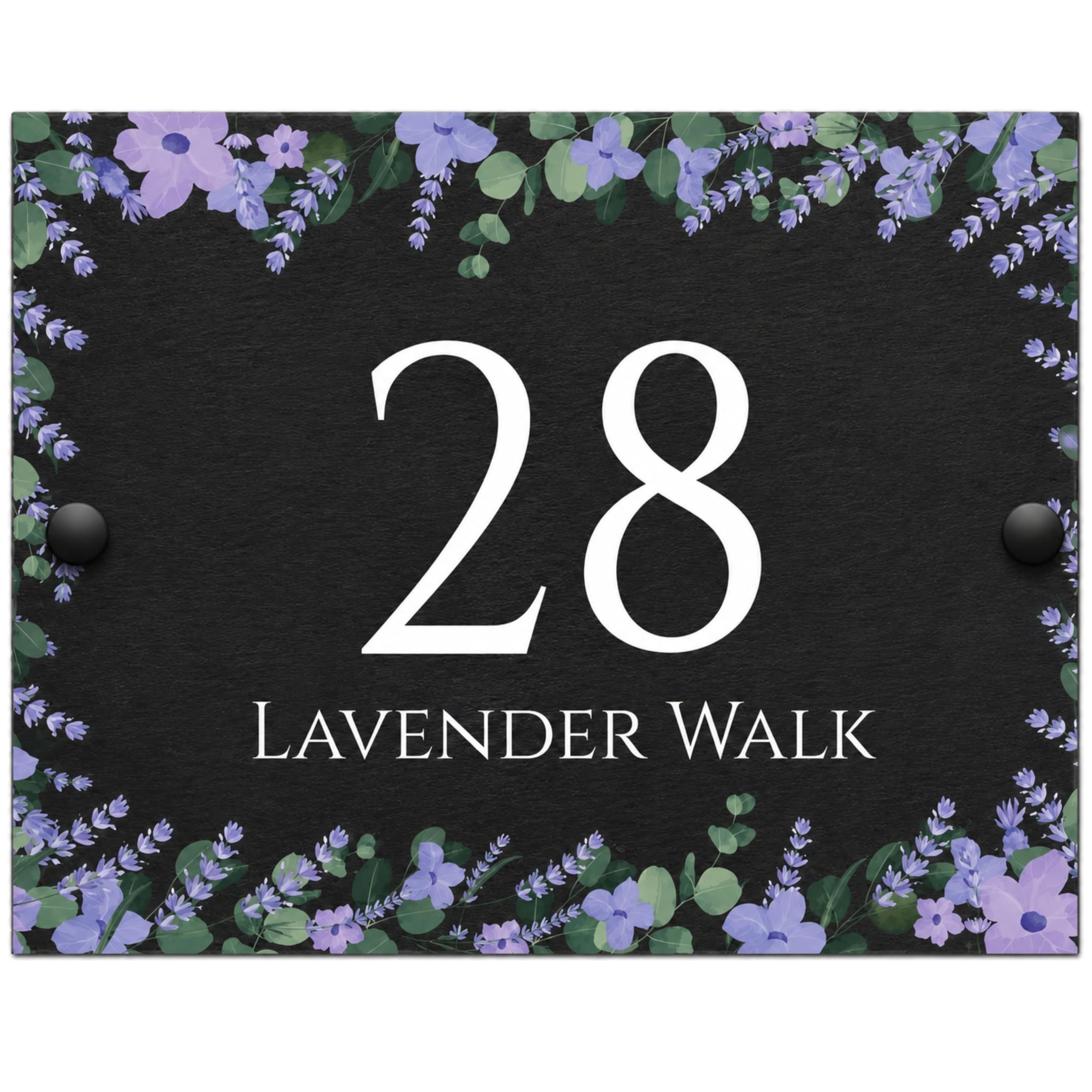Personalised Slate House Sign with Floral Design – Custom Address Plaque 15x20cm – Outdoor Rustic Slate Door Number or Name Sign (Lavender) — image 1