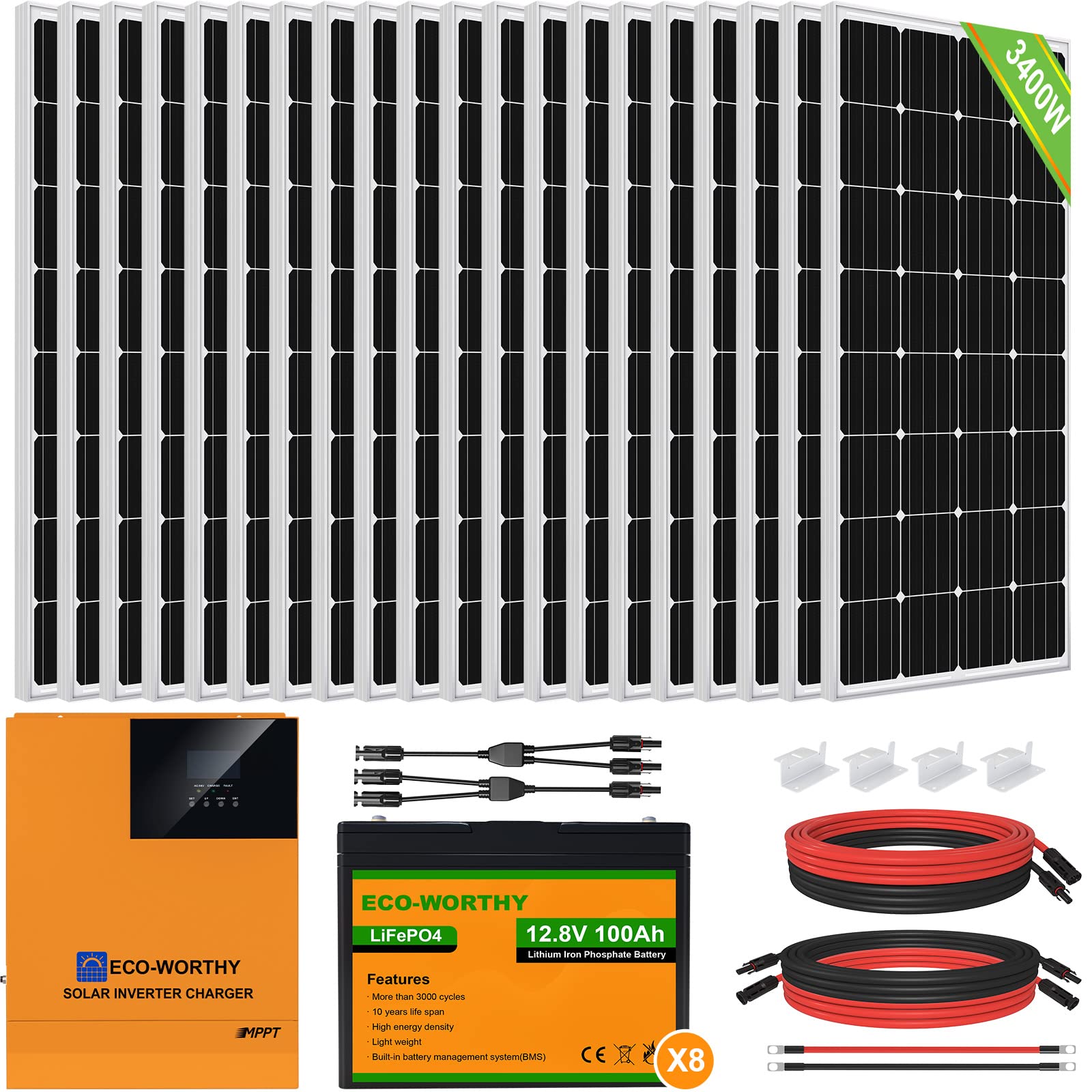 ECO-WORTHY 13.6kWh/Day Complete Solar Power System 3400W Off Grid Kit for Home/Shed: 20pcs 170W Solar Panels+5000W All-in-one Inverter+8pcs 100Ah LiFePO4 Batteries+4 String Combiner Box