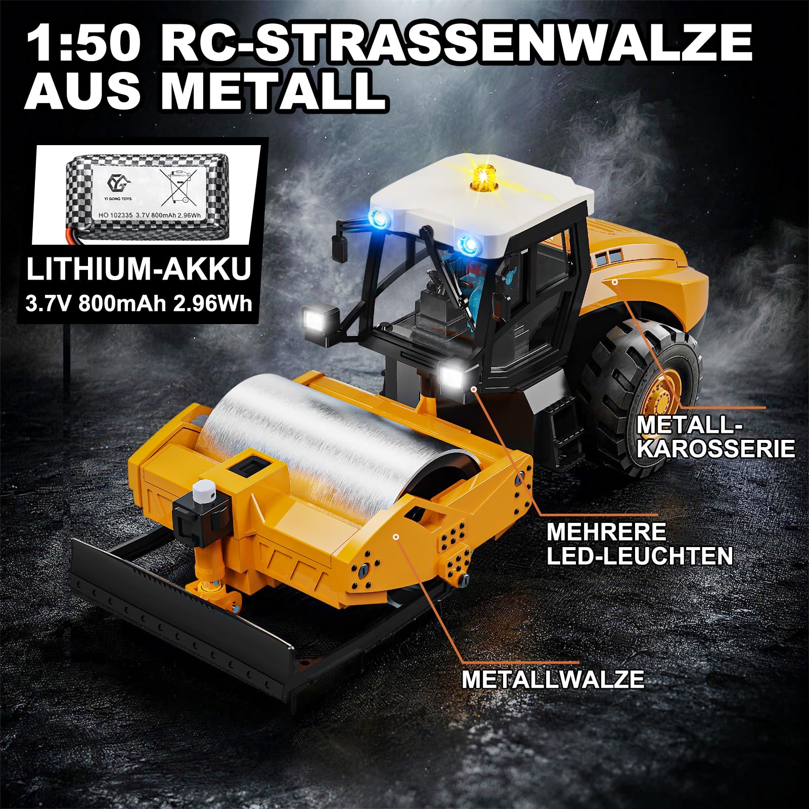 RC Straßenwalze Ferngesteuerte Baumaschine Mini 1:50 Modell mit Metallwalze & Metallschild, 3-stufiger Walzenvibration, 2,4 GHz LCD-Fernbedienung, Licht & Sound, 2 Akkus, RTR für Erwachsene