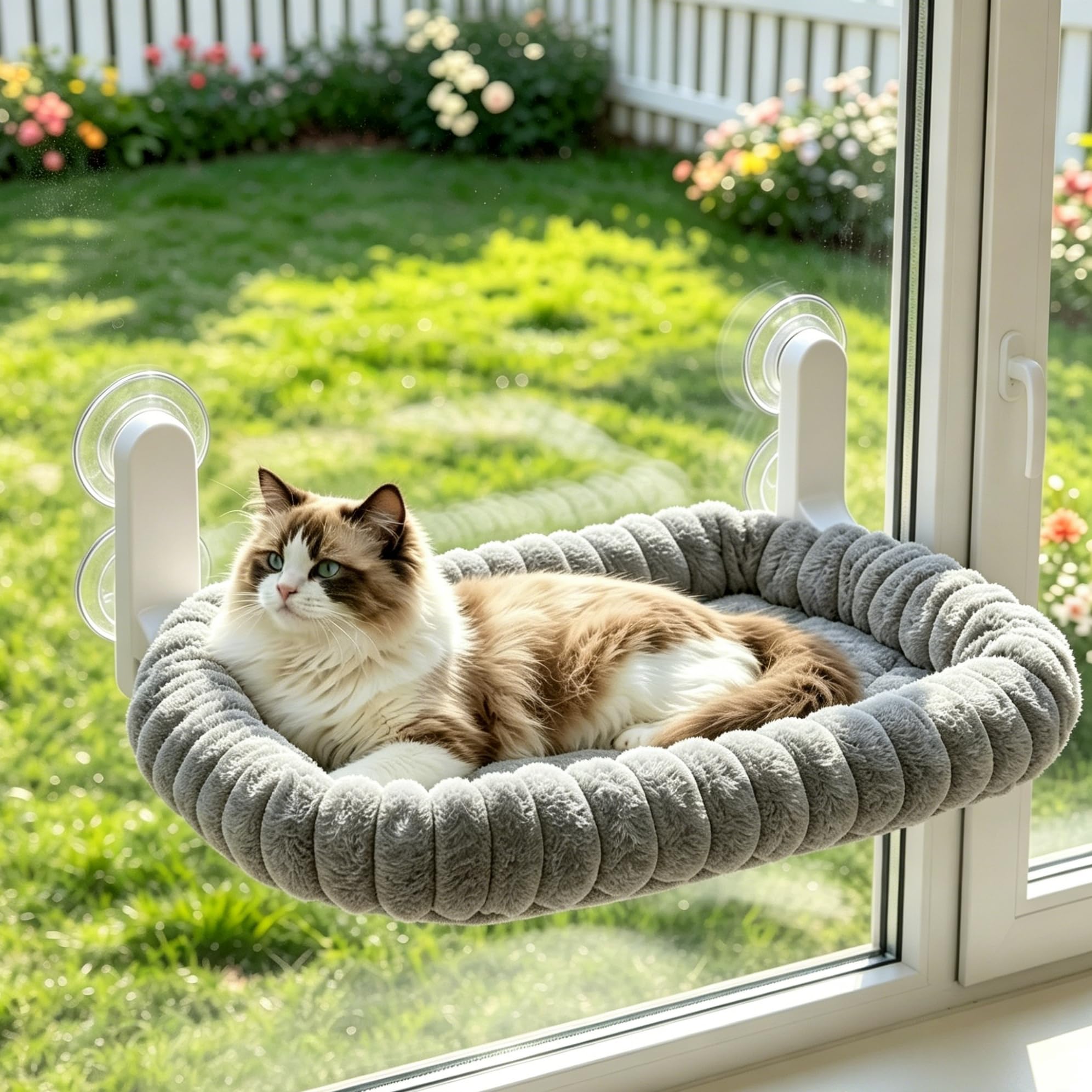 Katzen Fensterliege Faltbar mit 4 Saugnäpfen, weiche Kuschelliege & atmungsaktive Netzseite, extra groß 55 x 40 cm, Robustes Stahlgestell, sichere Saugnapfbefestigung für Katzen bis 20 kg (Grau)
