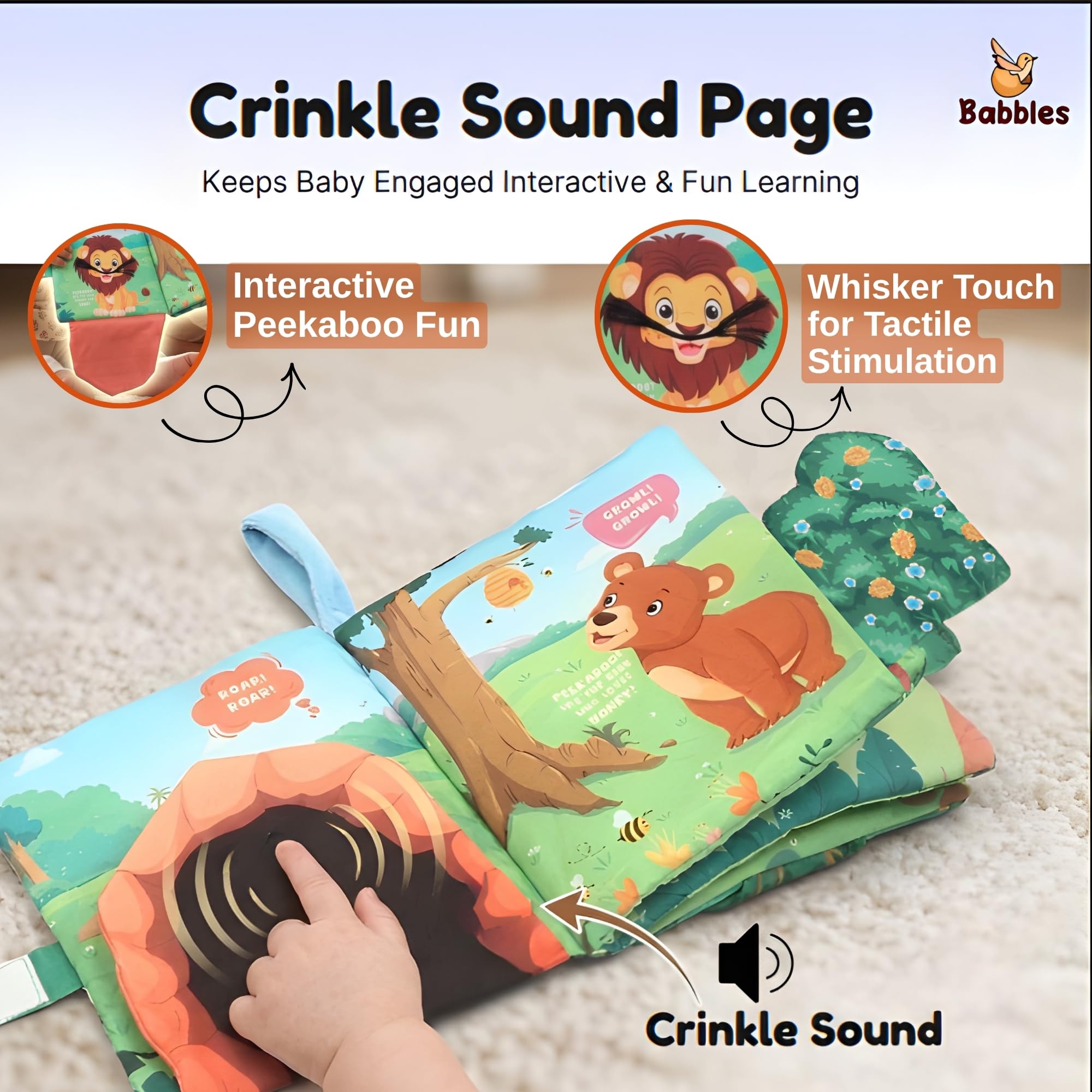Babbles Peek-A-Boo Animal Baby Book, Soft Cloth Book for Infants & Toddlers with Crinkle Pages, Flaps & Textures, Sensory Play Toy, Gift for Baby Ages 6 Months and Up