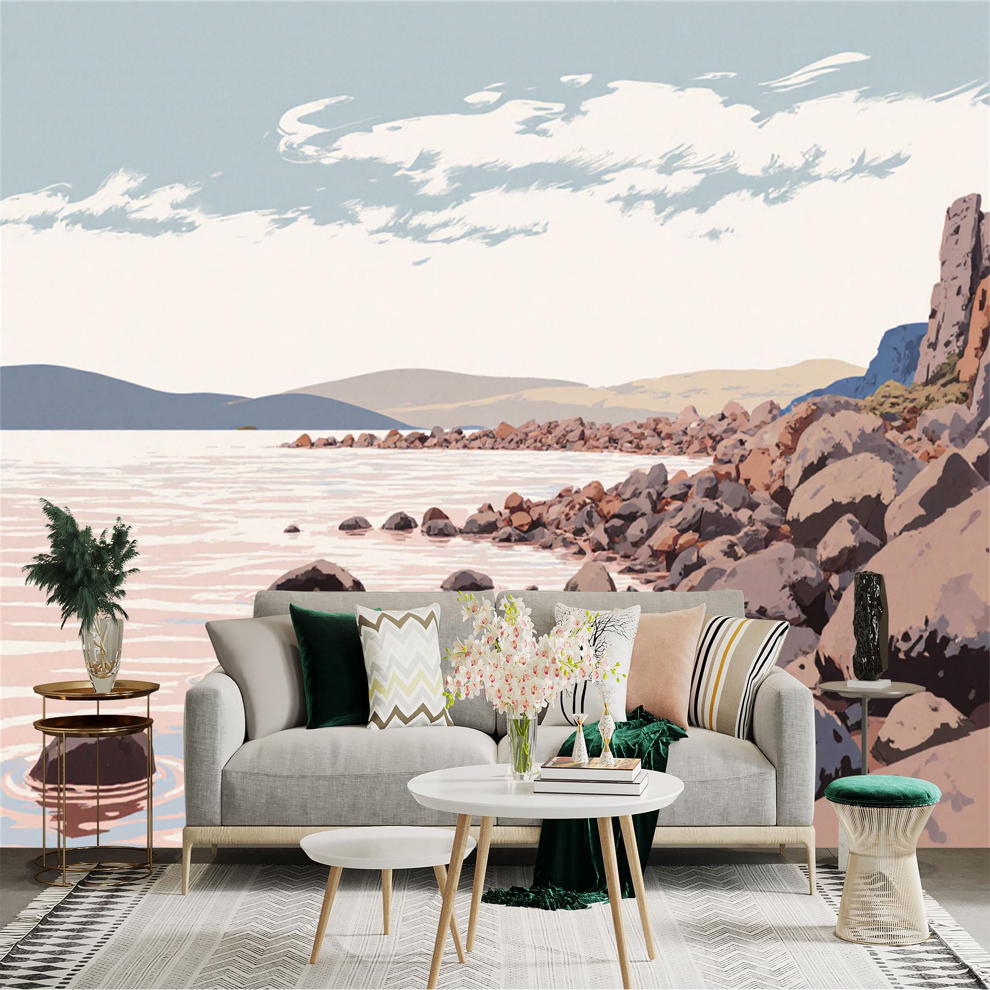 Lnzczhyre Xc260505579 Custom Size Wall Sticker Mural， Serene Rocky Shoreline， Calm Lake Landscape， Minimalist Coastal Scenery， Natural Earth Tone View， For Wall Decoration， Peelandstick Wall Decals.