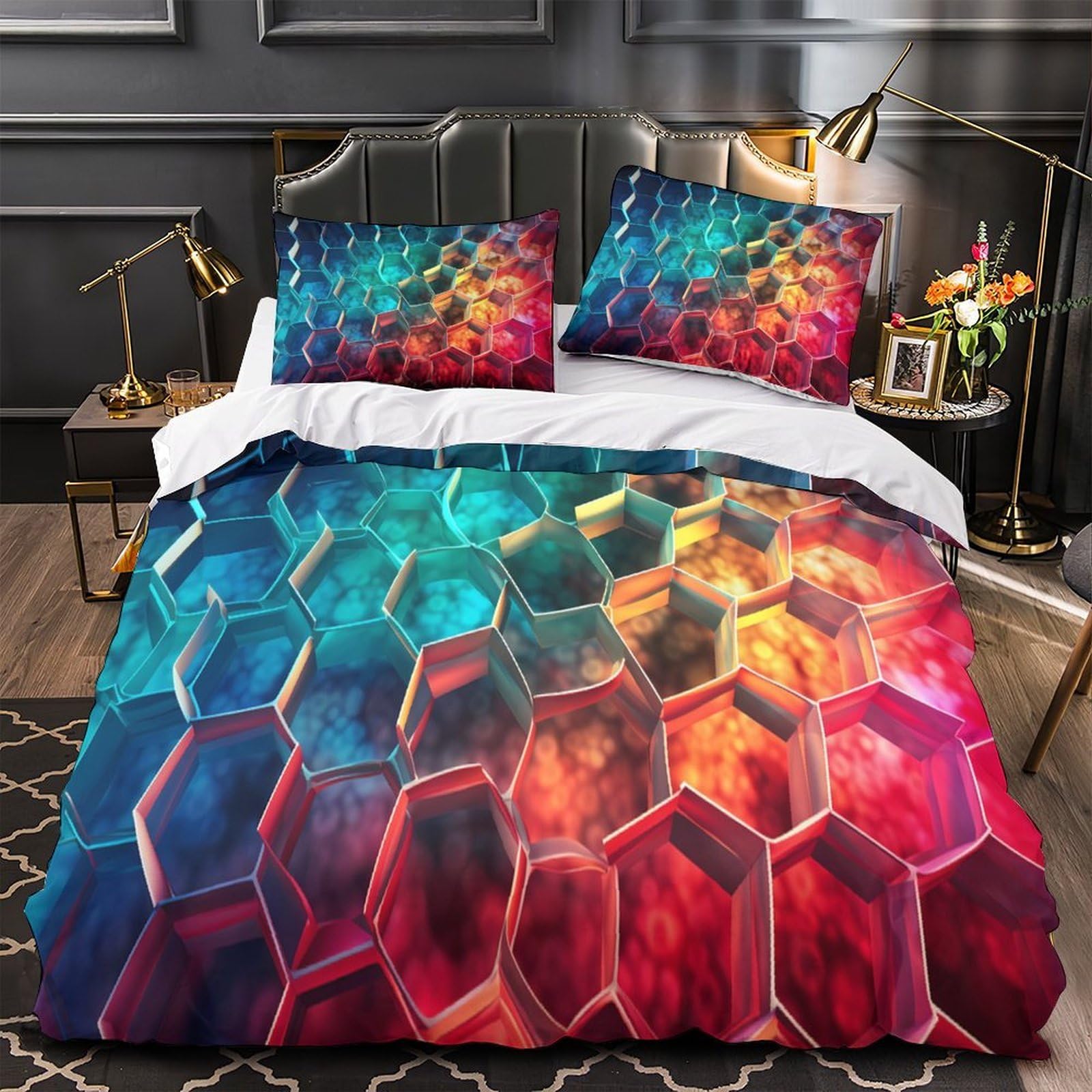 Parure de lit hexagonale néon pour une chambre gamer futuriste en couple | 200x200cm