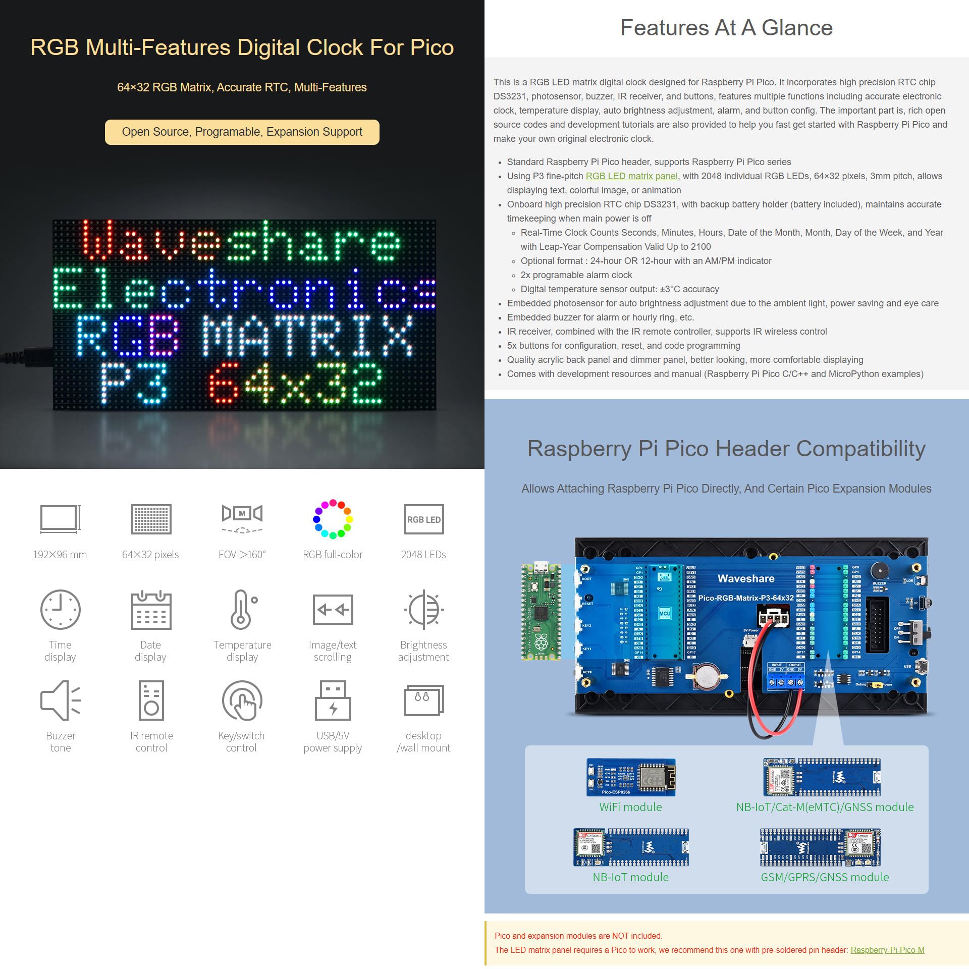 Waveshare RGB Full-Color Multi-Features Digital Clock For Raspberry Pi Pico 64×32 RGB Matrix Accurate RTC Multiple Functions Like Time/Date/Temperature Display etc.