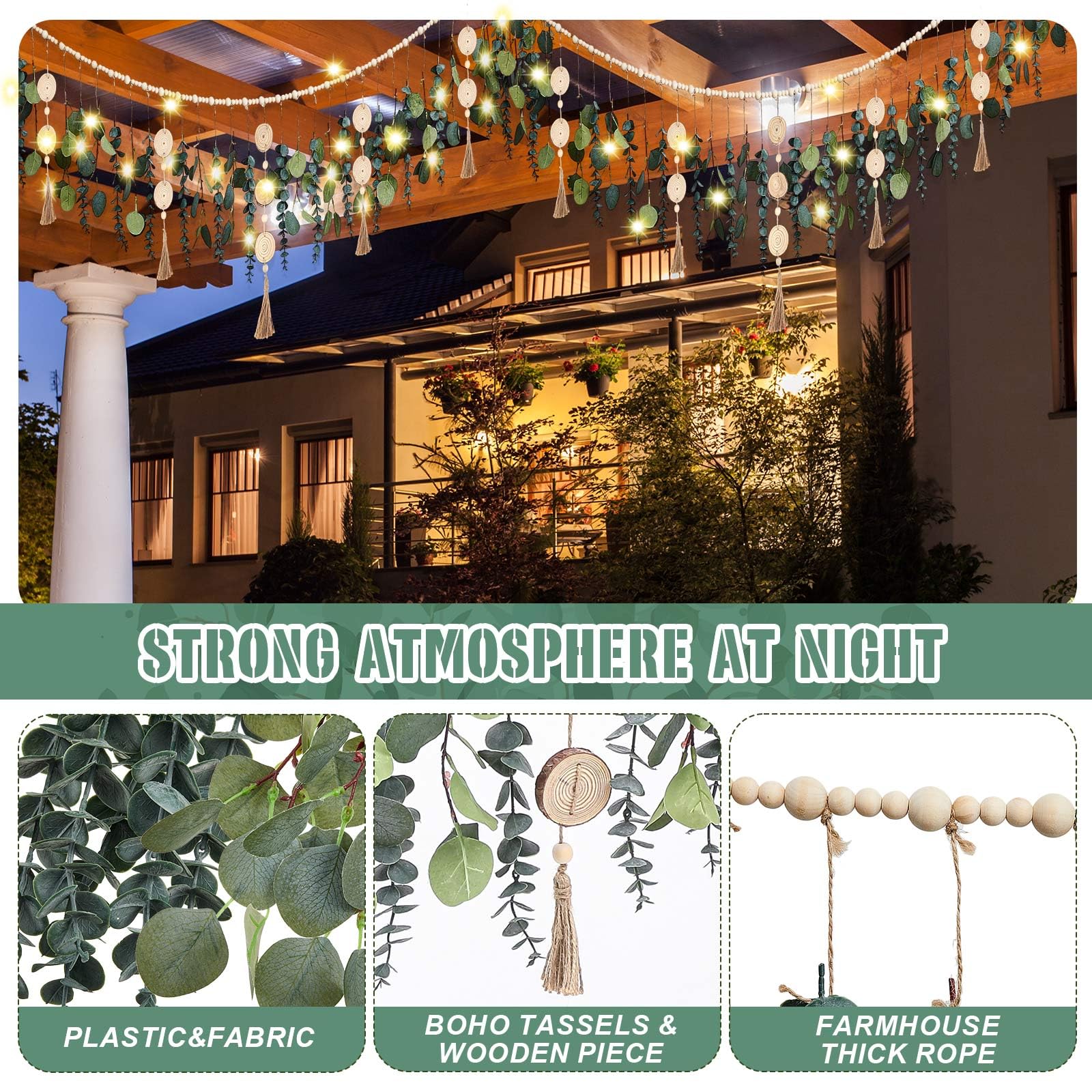 Juexica Künstliche hängende Eukalyptus-Wanddekoration, Boho-Schlafzimmer, Wanddekoration mit LED-Lichterkette für Zuhause, Büro, Bauernhaus, Kinderzimmer, Badezimmer, Küche (Holzperle)