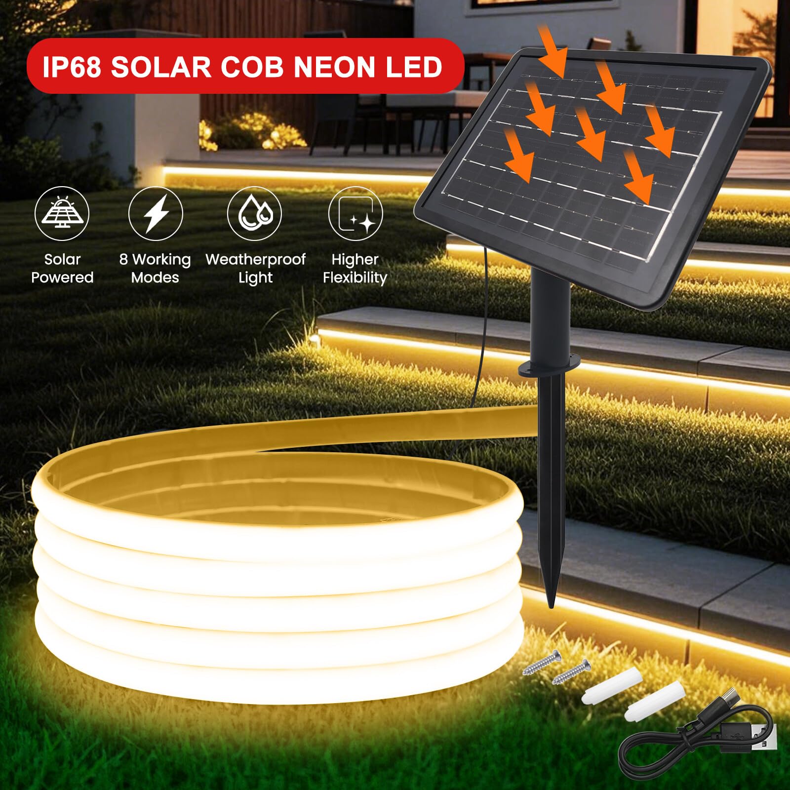 24V Striscia solare esterna [5M, bianco caldo], IP68 impermeabile striscia neon COB LED flessibile per interni, 7200MAH, 8 modalità di illuminazione, illuminazione giardino/patio/balcone