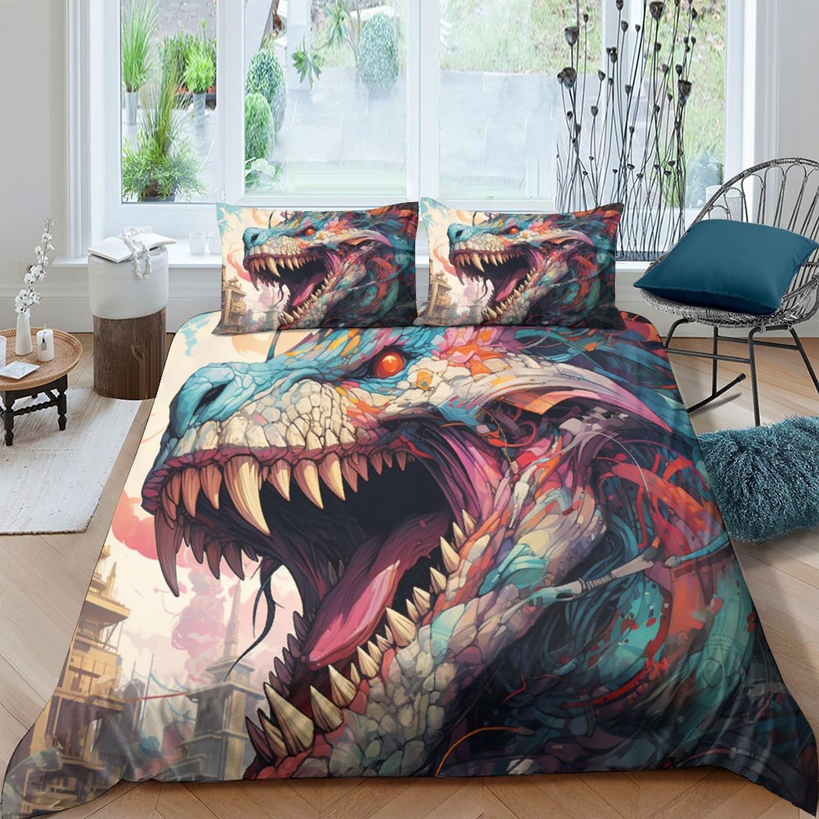 Anime Dragon Bedding Duvet Cover Set 3D Wildlife Quilt Cover Soft Microfiber Bedroom Duvet Set Bedding Set with Pillowcase,for Teens And Adults 3 Piece Set King（220x240cm）
