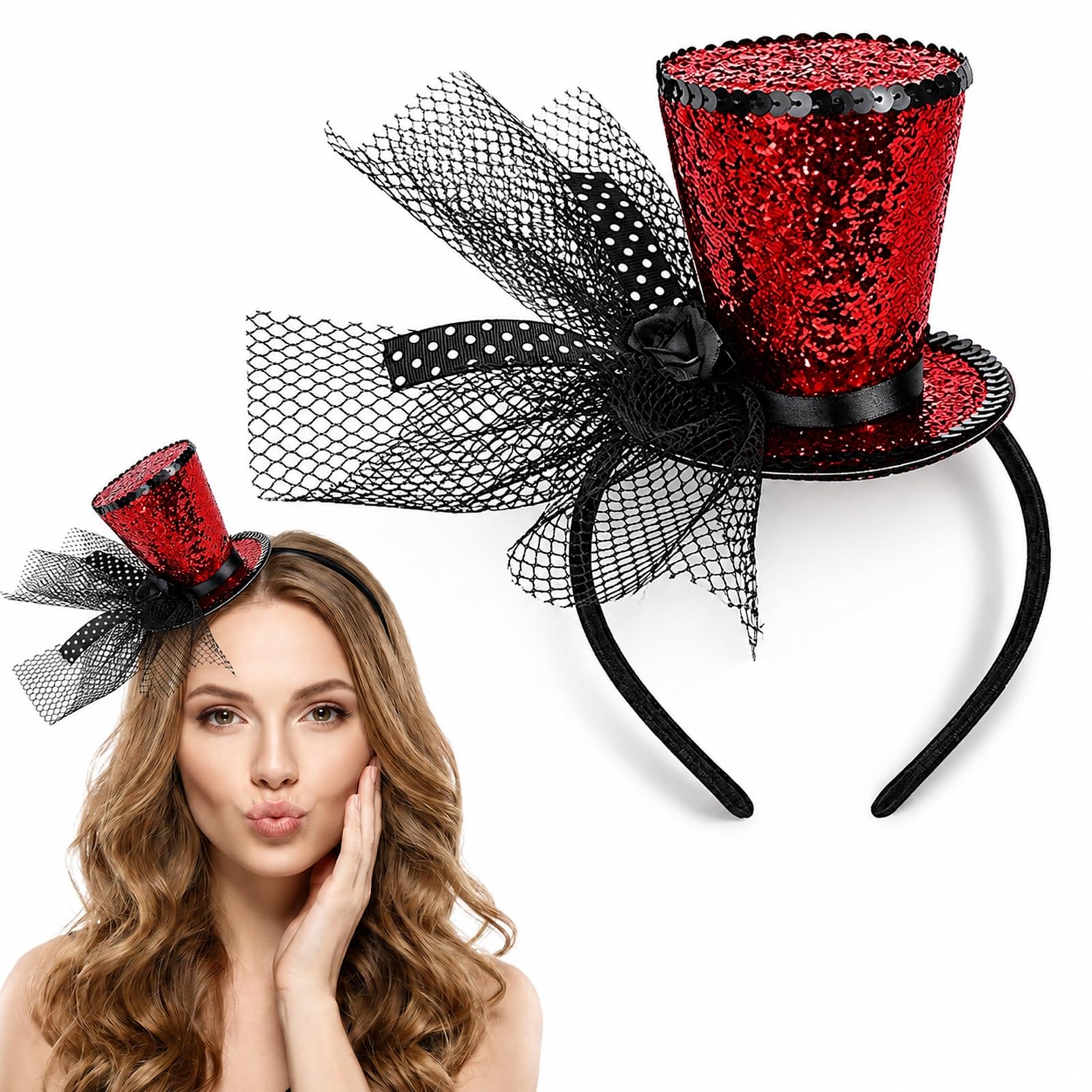 Mini Top Hat Headband - Sequin Red Sparkly Fascinator for New Year Party