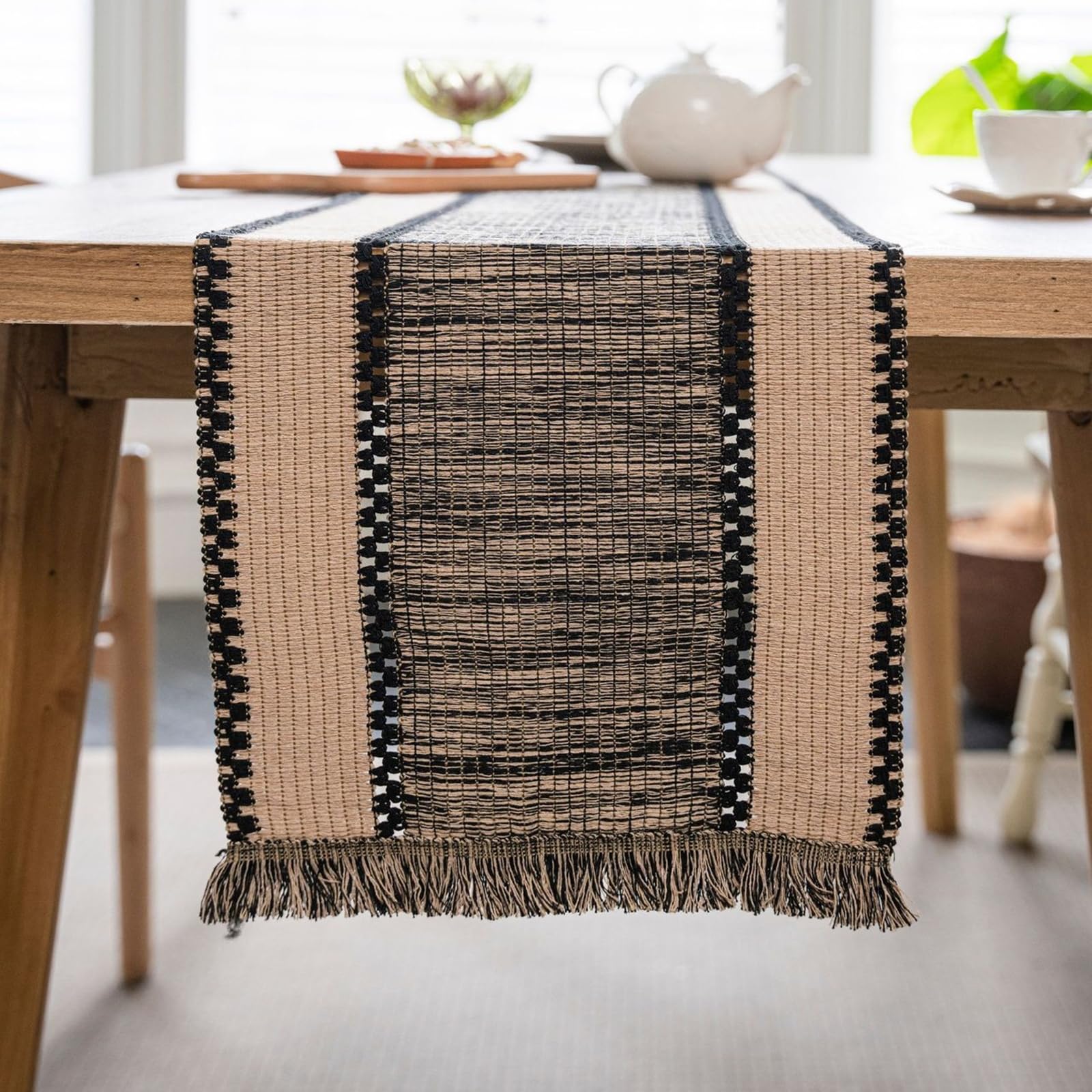 Tischläufer Modern Baumwollleinen, Tischläufer Wohnzimmer 35x240 cm, Uni Gewebt mit Quasten