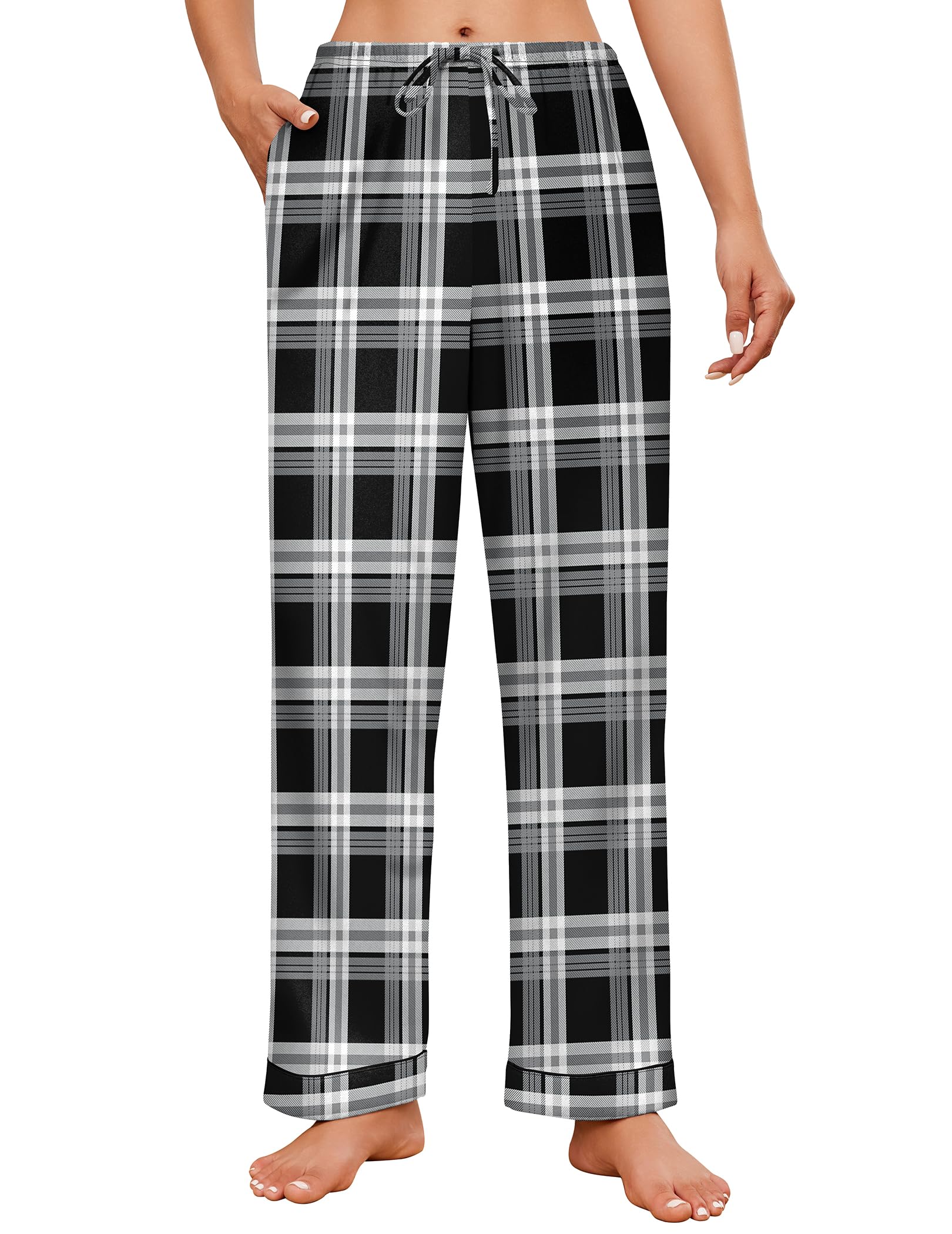 Ekouaer Pyjamahose Damen Lang Weich Schlafanzughose Kariert Schlafhose Yogahose Pyjama Hose mit Taschen und Kordelzug Freizeithose