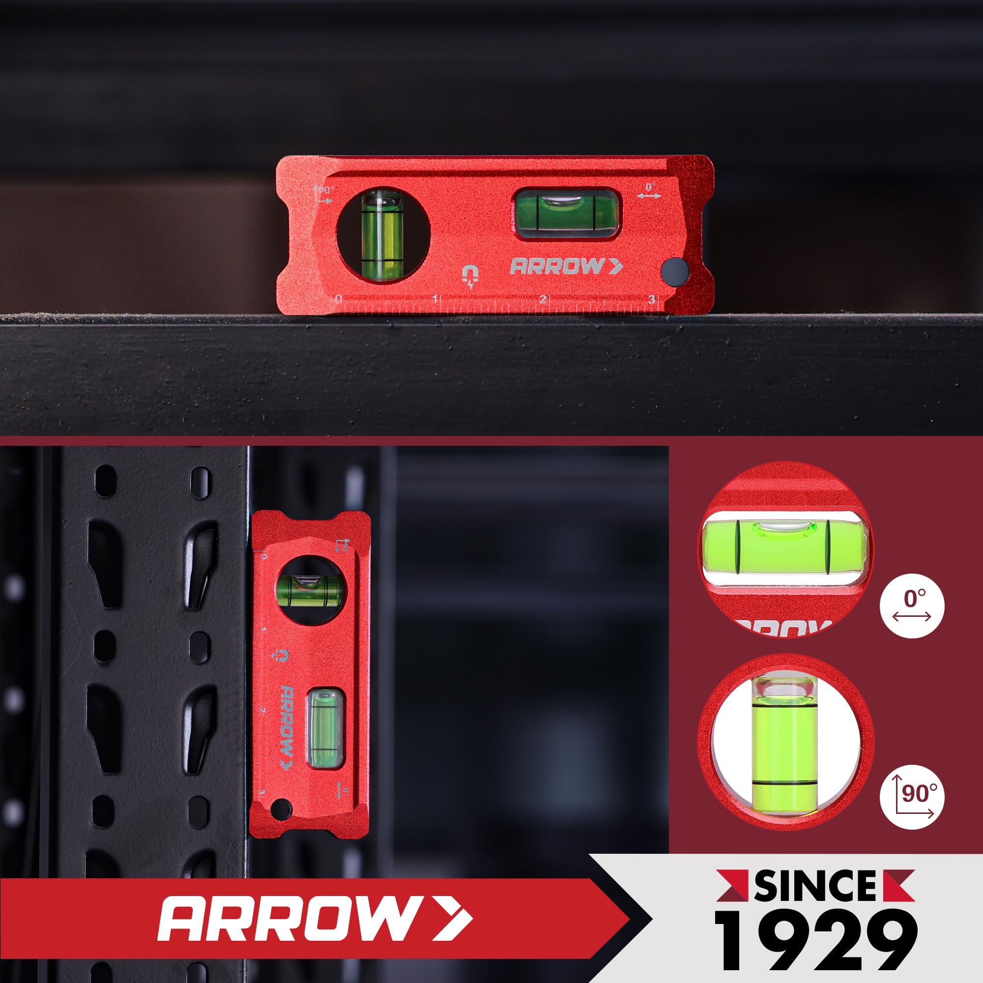 ARROW - Nivel de torpedo de 4 pulgadas, pequeña herramienta niveladora magnética con burbujas de 0°/90°, ventana de visión superior, marco de aleación de aluminio, doble SAE y escalas métricas