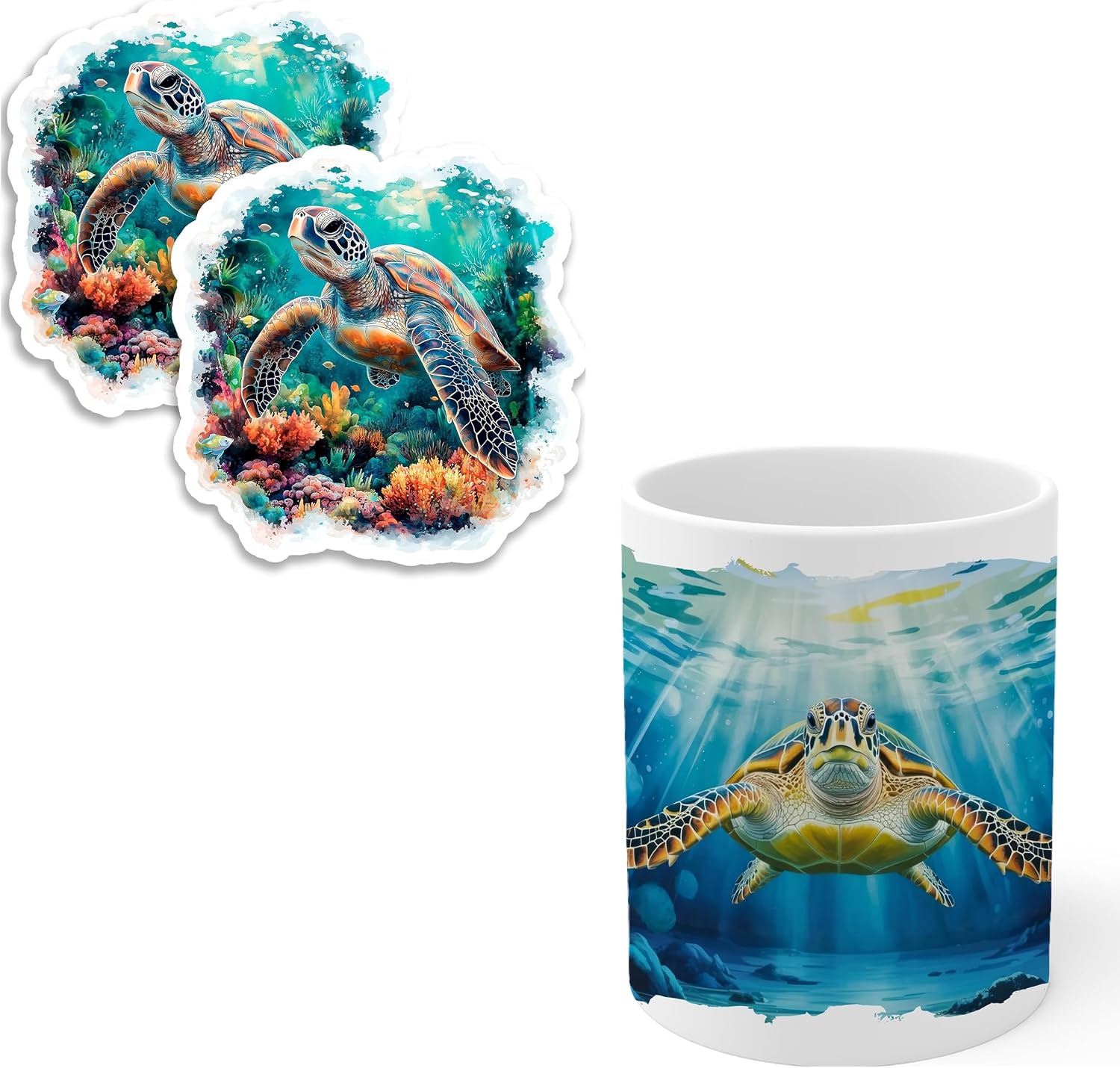 Sea Turtle Fridge Magnet 4in 2-Pack & Mug 11oz Matching Bundle Gift Set