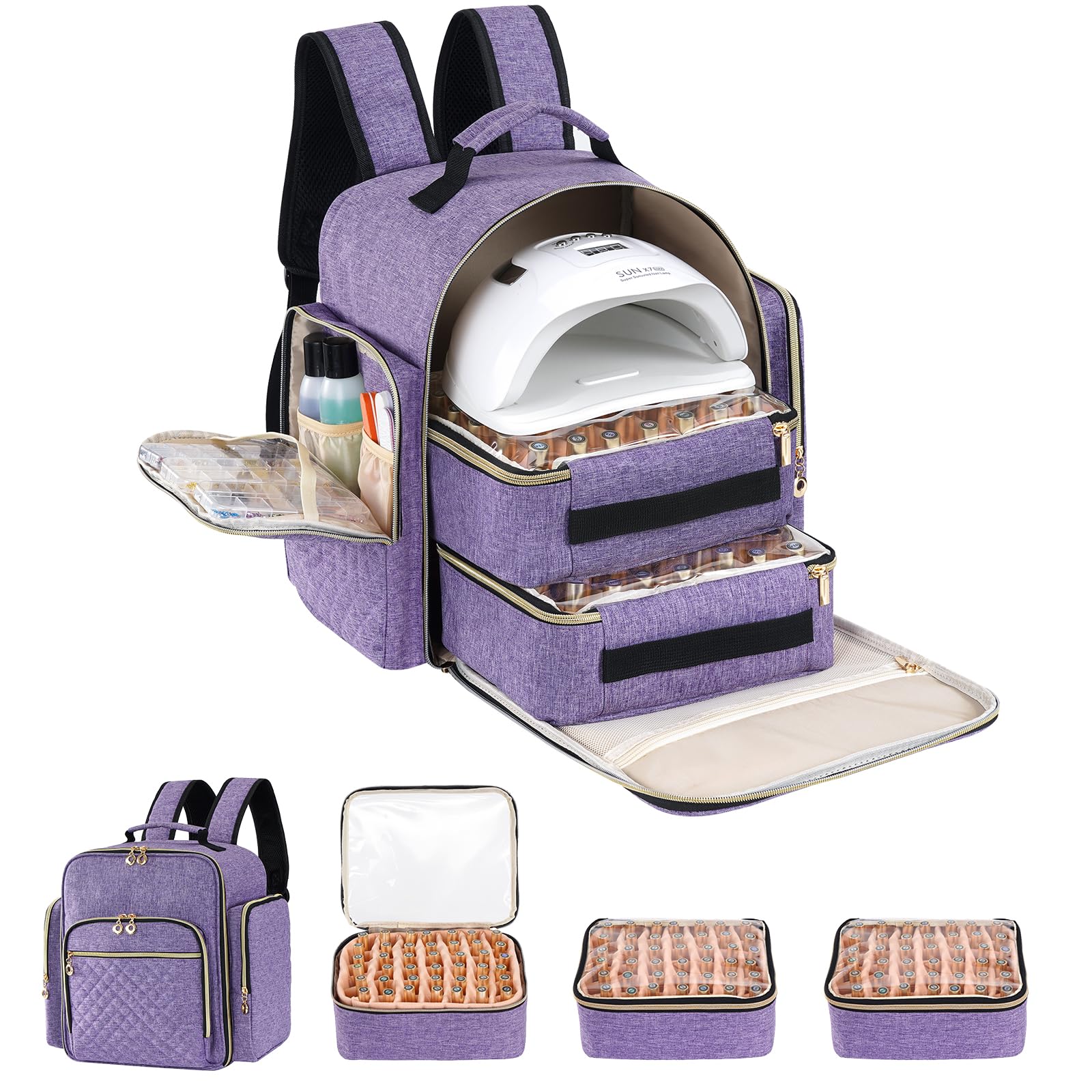 Hautton ネイルポリッシュオーガナイザー 126本収納可能、ネイルポリッシュランプ用品用引き出し3つ付き特大収納バッグ、マニキュアリスト用プロ仕様の丈夫なトラベルケース -パープル