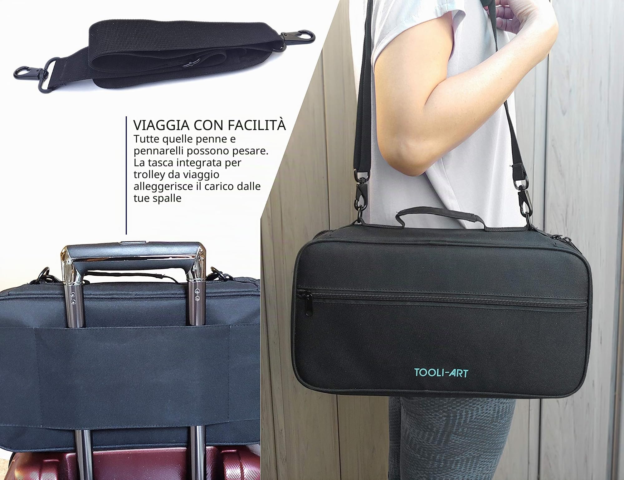 TOOLI-ART Custodia per pennarelli e penne, 120 scomparti, in tela, tasche extra, custodia trolley, tracolla rimovibile, per la maggior parte dei pennarelli (fino a 15 mm di diametro), rossetti, ecc.,