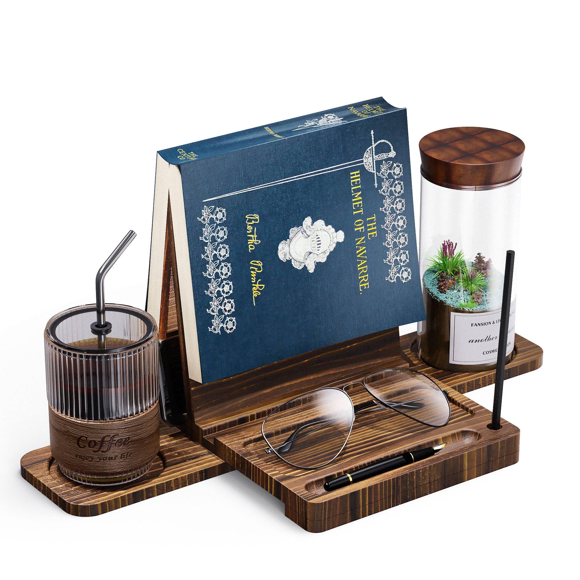 Triangle Book Stand with Cup Holder, Wooden Book Holder for Reading in Bed